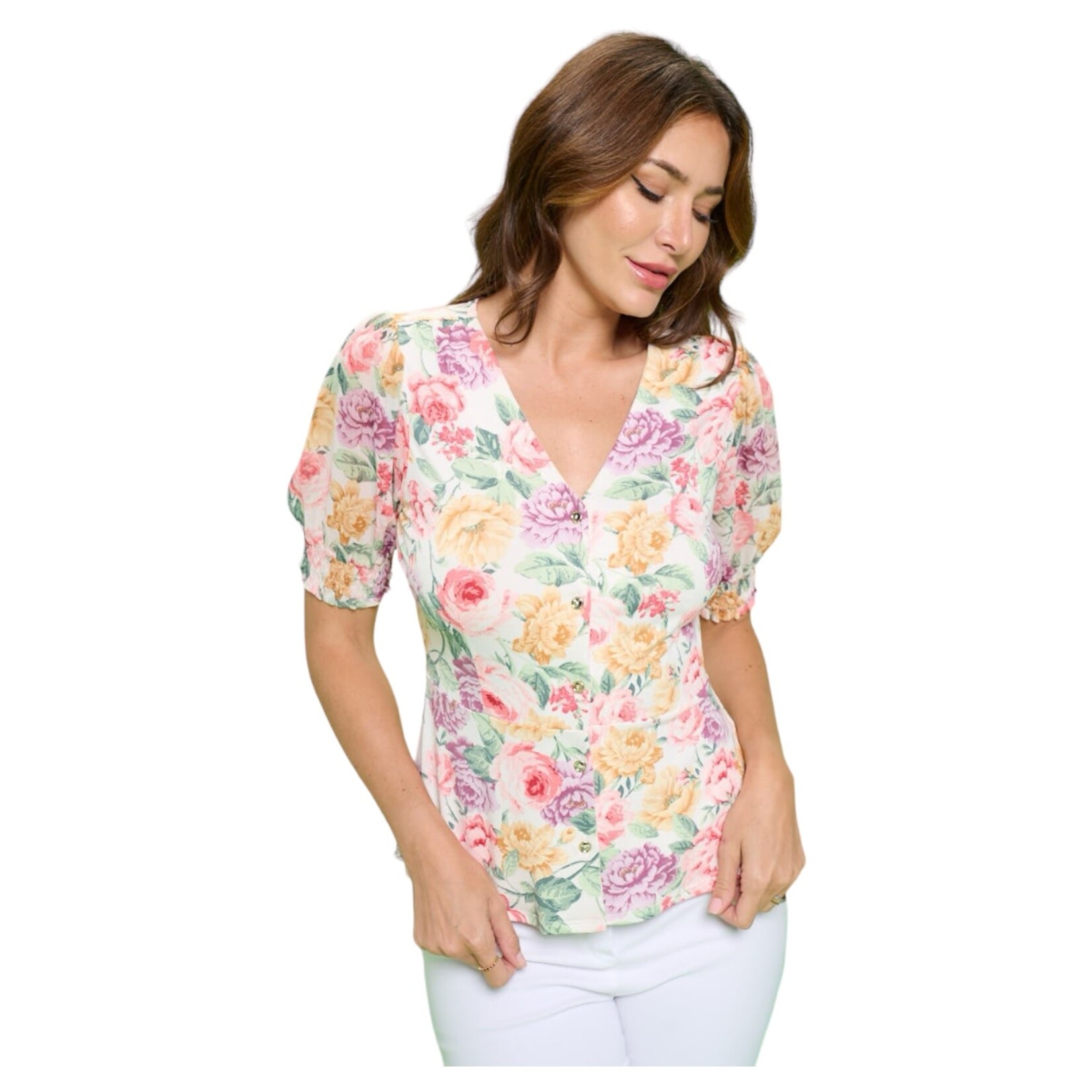 PERSEPTION PERSEPTION MIX MEDIA SMOCKING SLEEVE FULL BUTTON FLORAL TOP TP-MS-1792