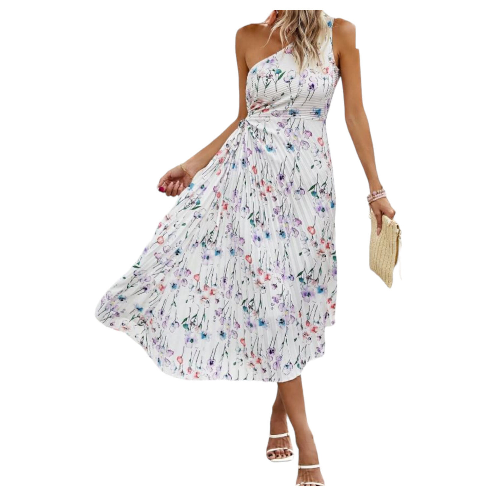 MISS KELLY MISS KELLY FLORAL ONE SHOULDER LONG PLEATED DRESS SD5260