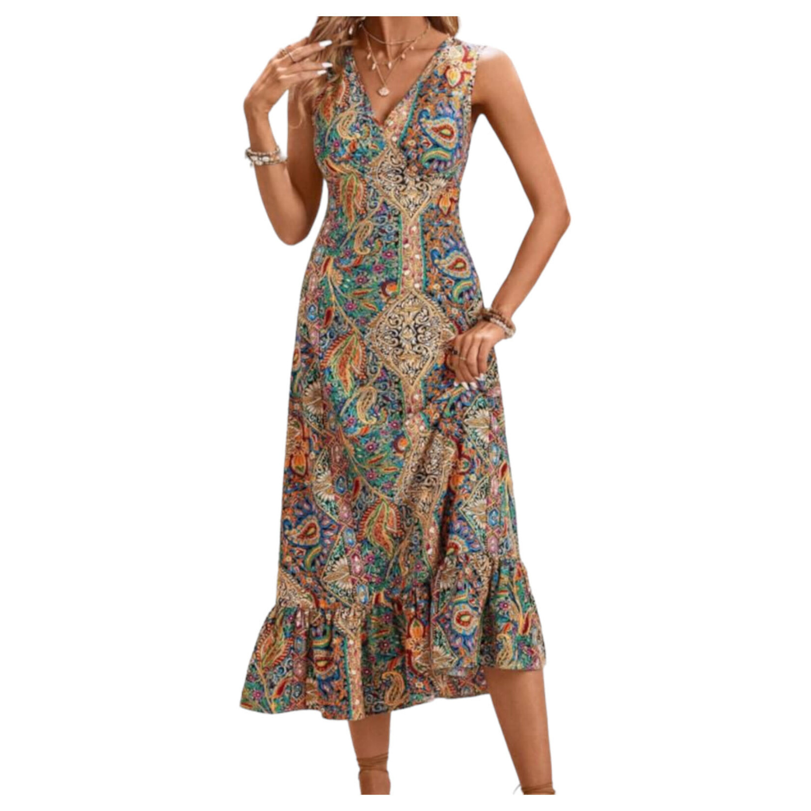 MISS KELLY MISS KELLY PAISLEY PRINTED V-NECK SLEEVELESS LONG DRESS SD5261