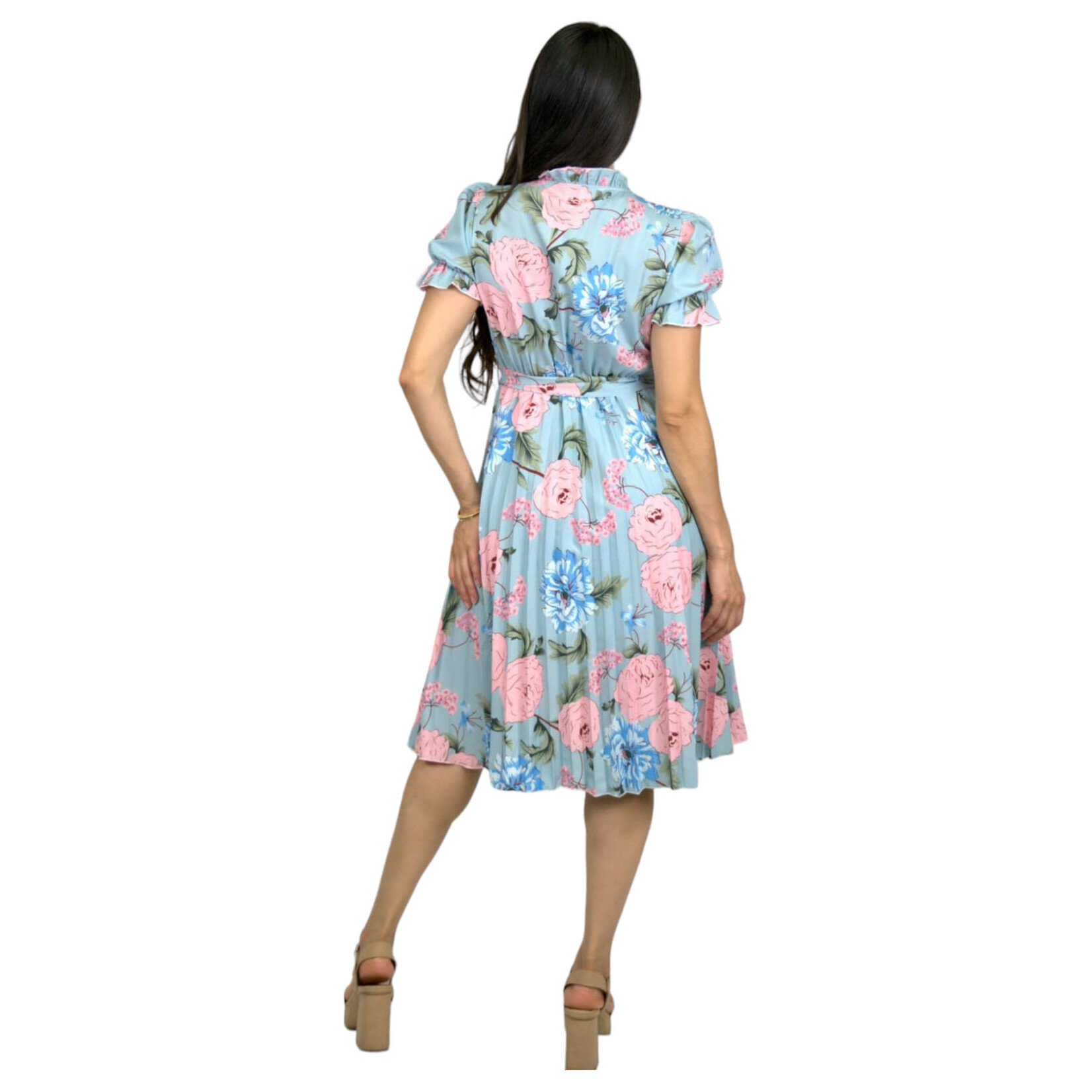 MISS KELLY MISS KELLY FLORAL PUFF SLEEVE KEYHOLE TIE PLEATED MIDI DRESS SD5291