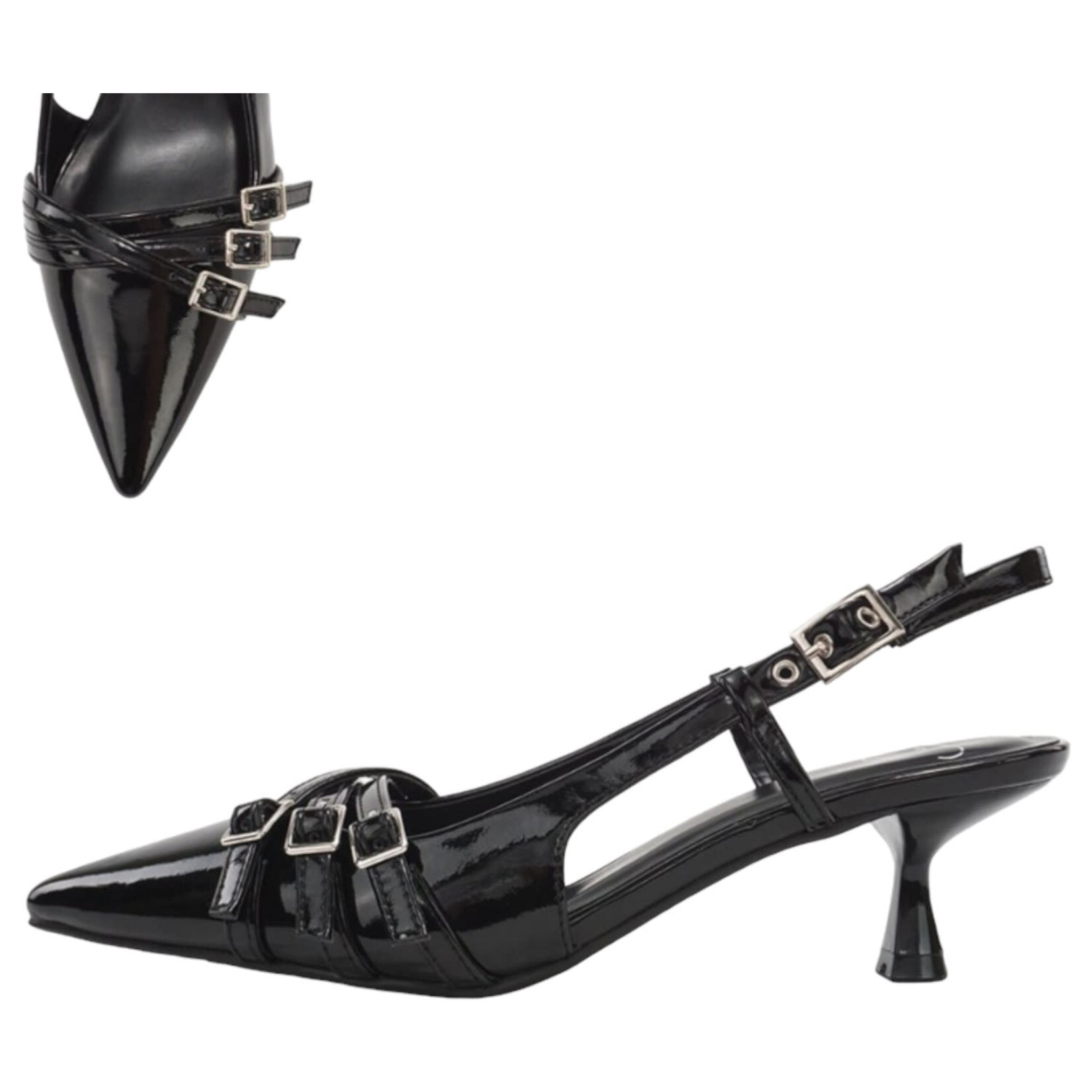 DELICIOUS DELICIOUS POINTED TOE SLINGBACK KITTEN HEEL W/ BUCKLED STRAPS EXPO