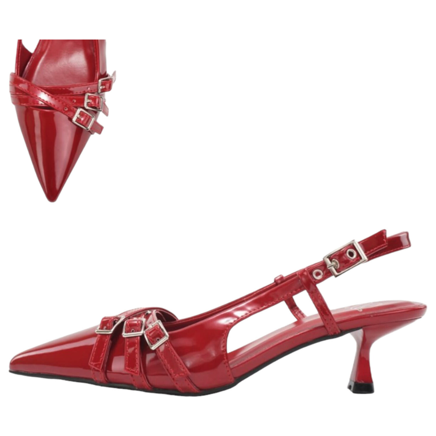 DELICIOUS DELICIOUS POINTED TOE SLINGBACK KITTEN HEEL W/ BUCKLED STRAPS EXPO