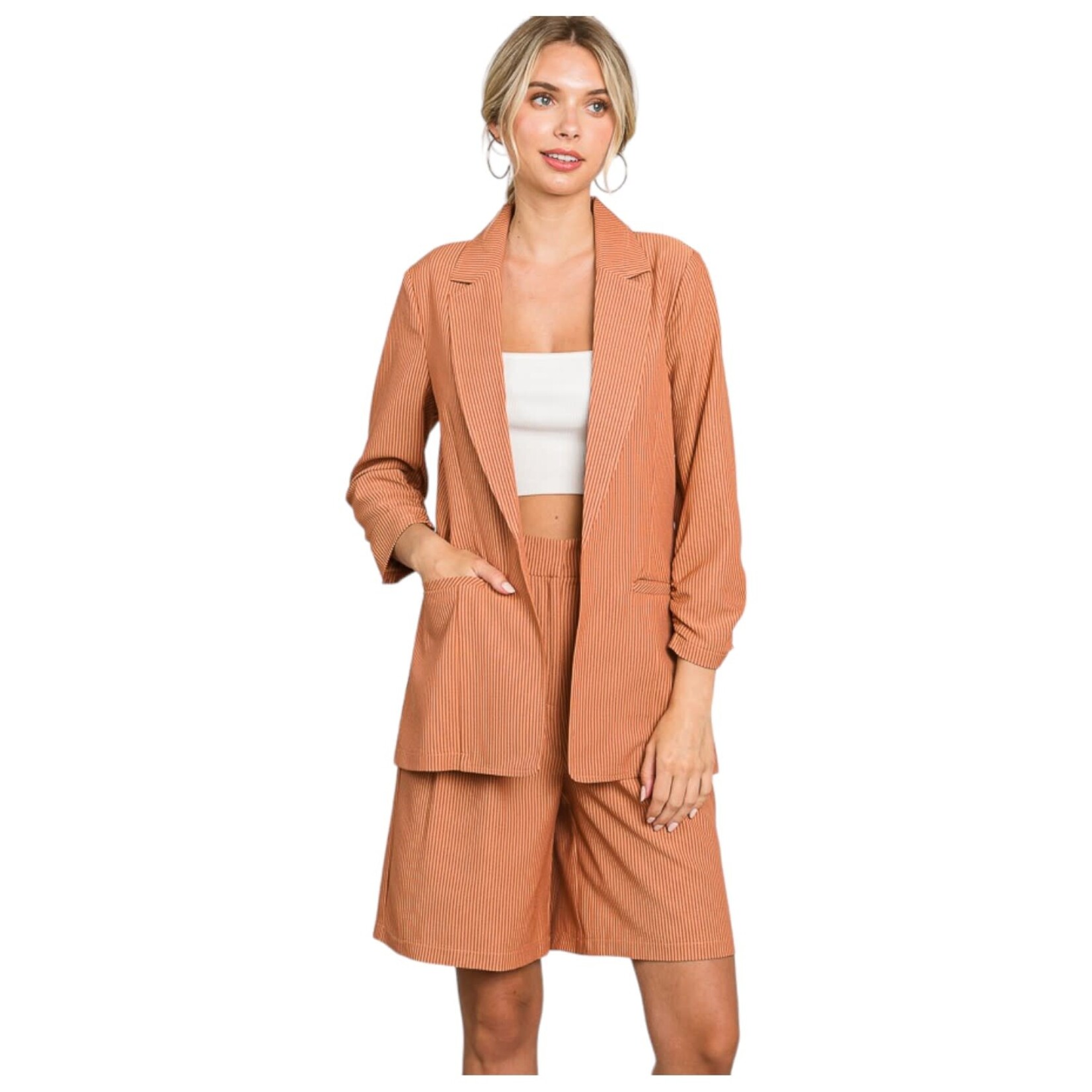HAVE HAVE STRIPED RUCHED SLEEVE BLAZER D30378-CH745