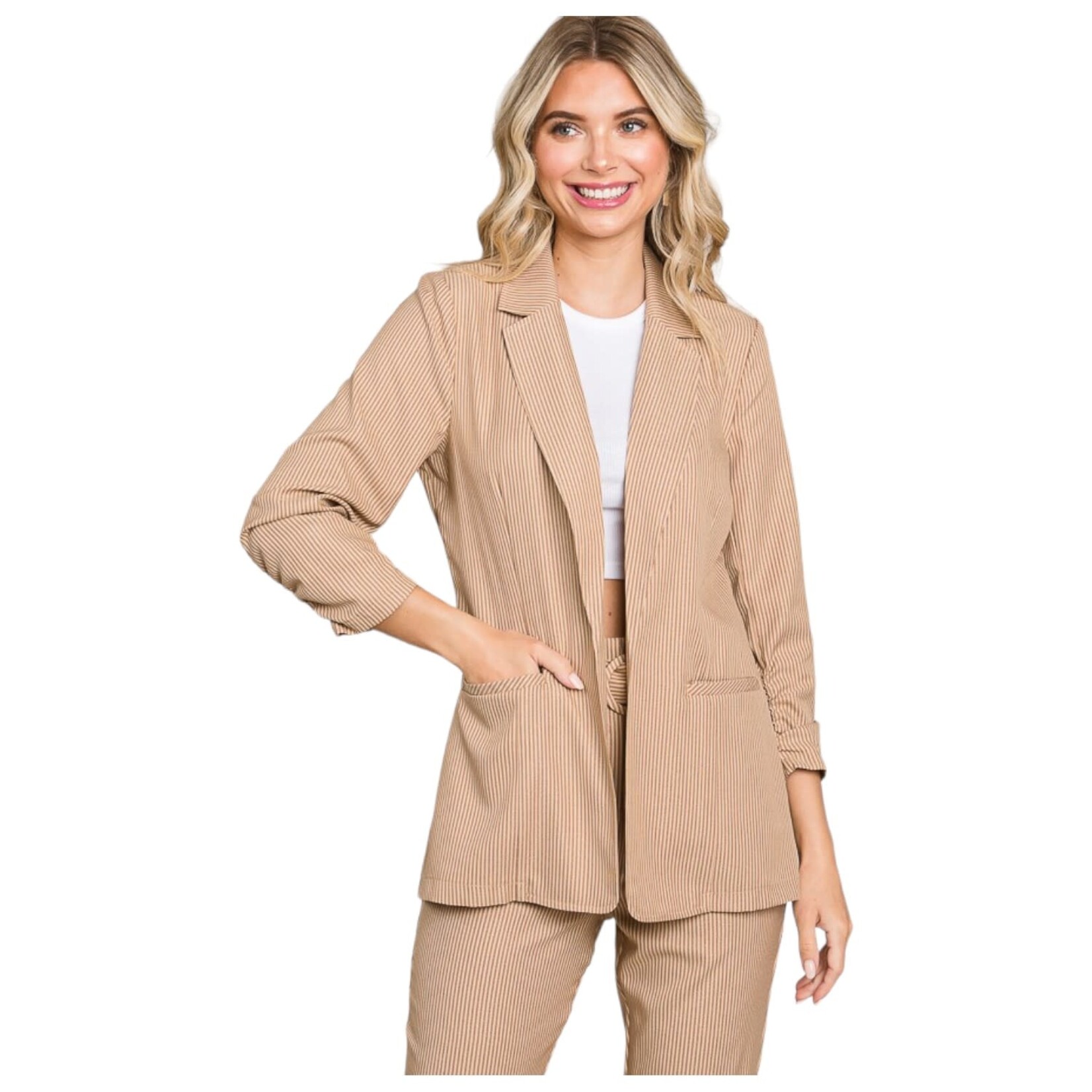 HAVE HAVE STRIPED RUCHED SLEEVE BLAZER D30378-CH745