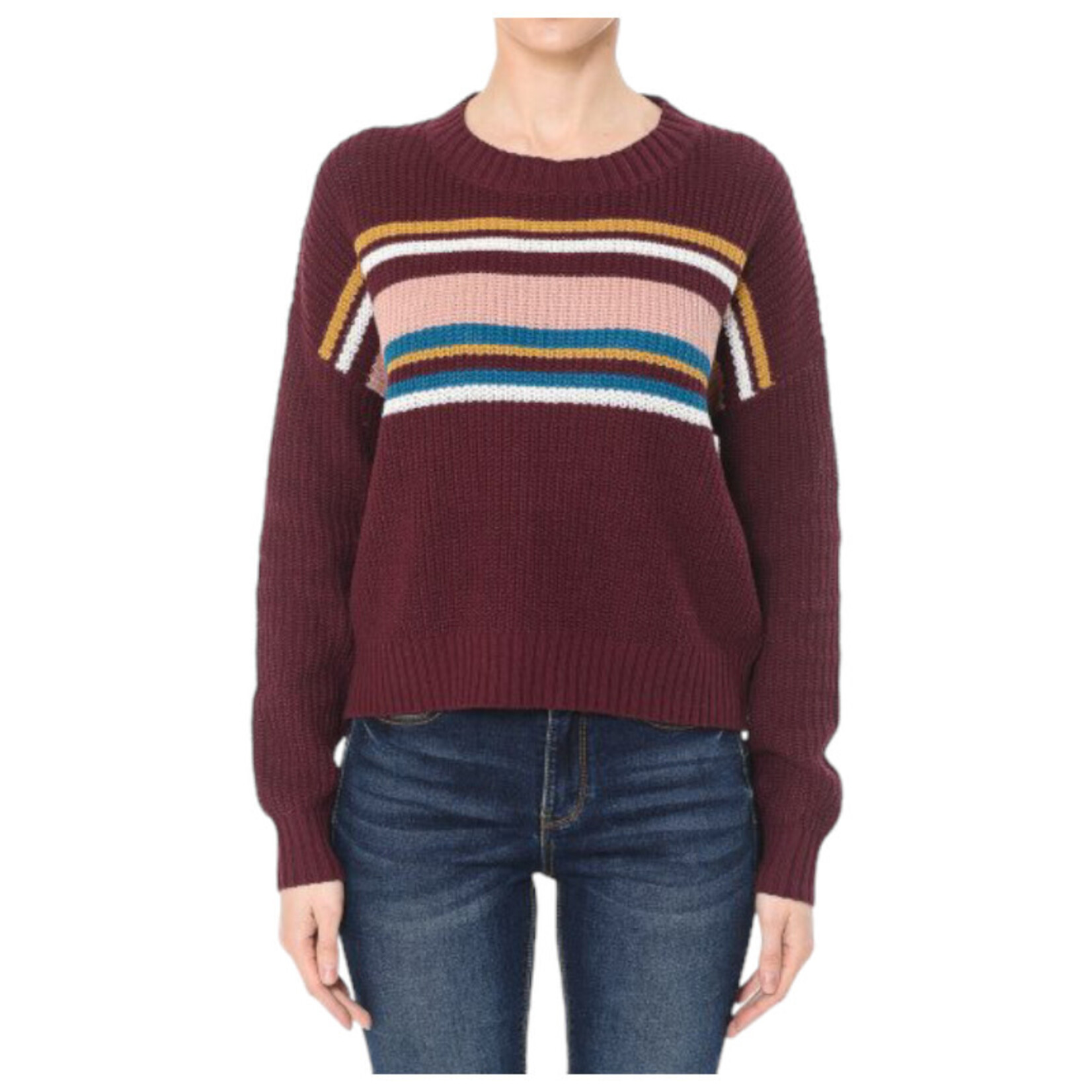 AMBIANCE APPAREL AMBAIANCE MULTI STRIPED ROUND NECK LONG SLEEVE SWEATER 65953
