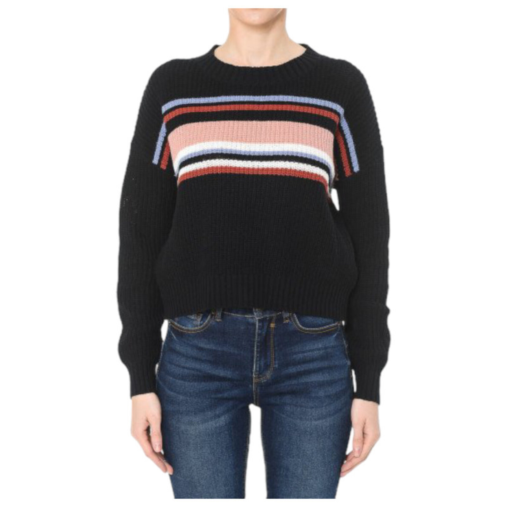 AMBIANCE APPAREL AMBAIANCE MULTI STRIPED ROUND NECK LONG SLEEVE SWEATER 65953