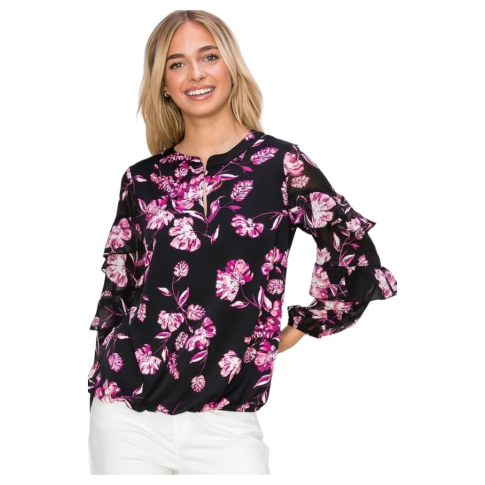 PERSEPTION PERSEPTION PRINTED KEYHOLE NECK RUFFLE LONG SLEEVE BLOUSE TP-MS-871