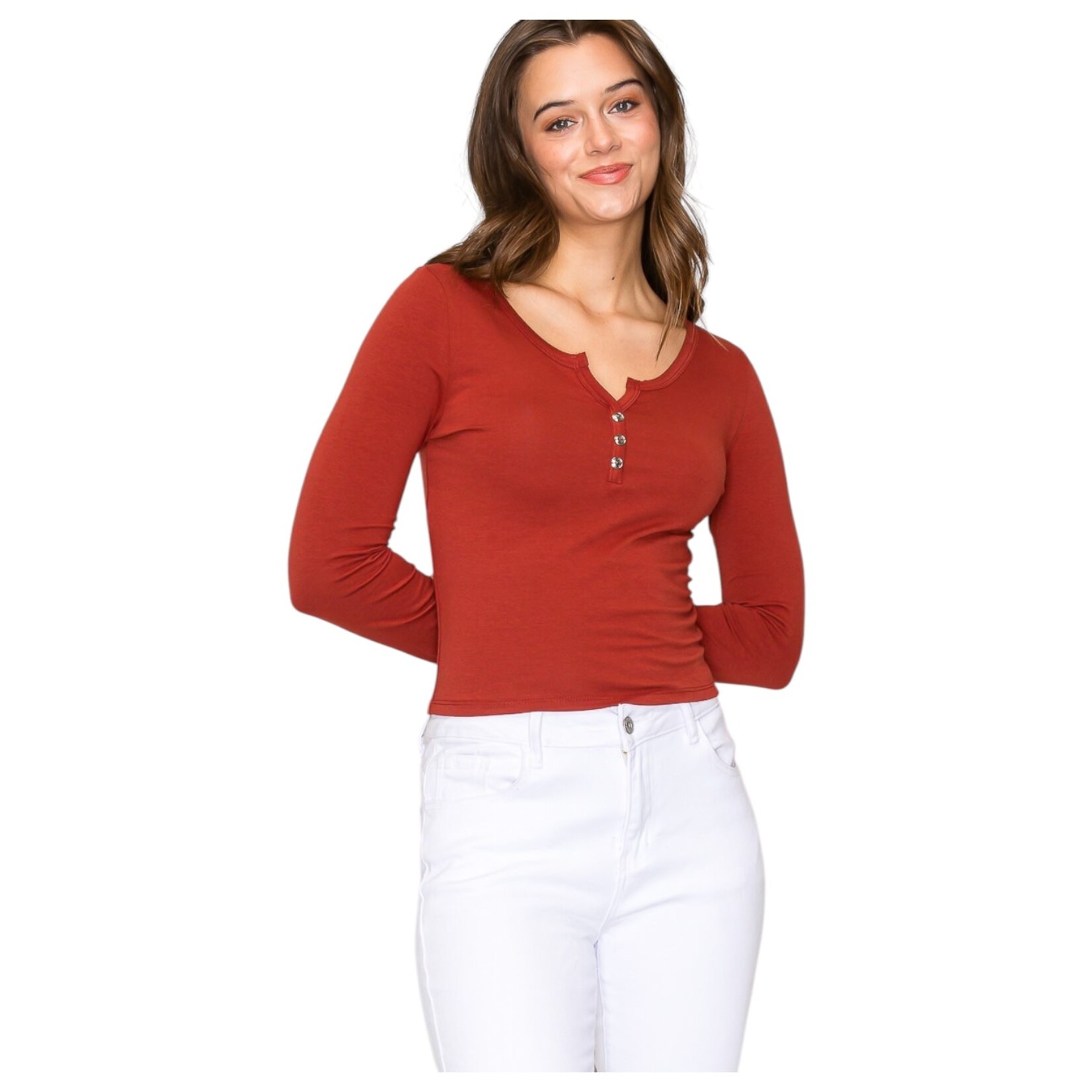 POPULAR 21 POPULAR 21 NOTCH V-NECK BUTTON FRONT LONG SLEEVE TOP TZ80699