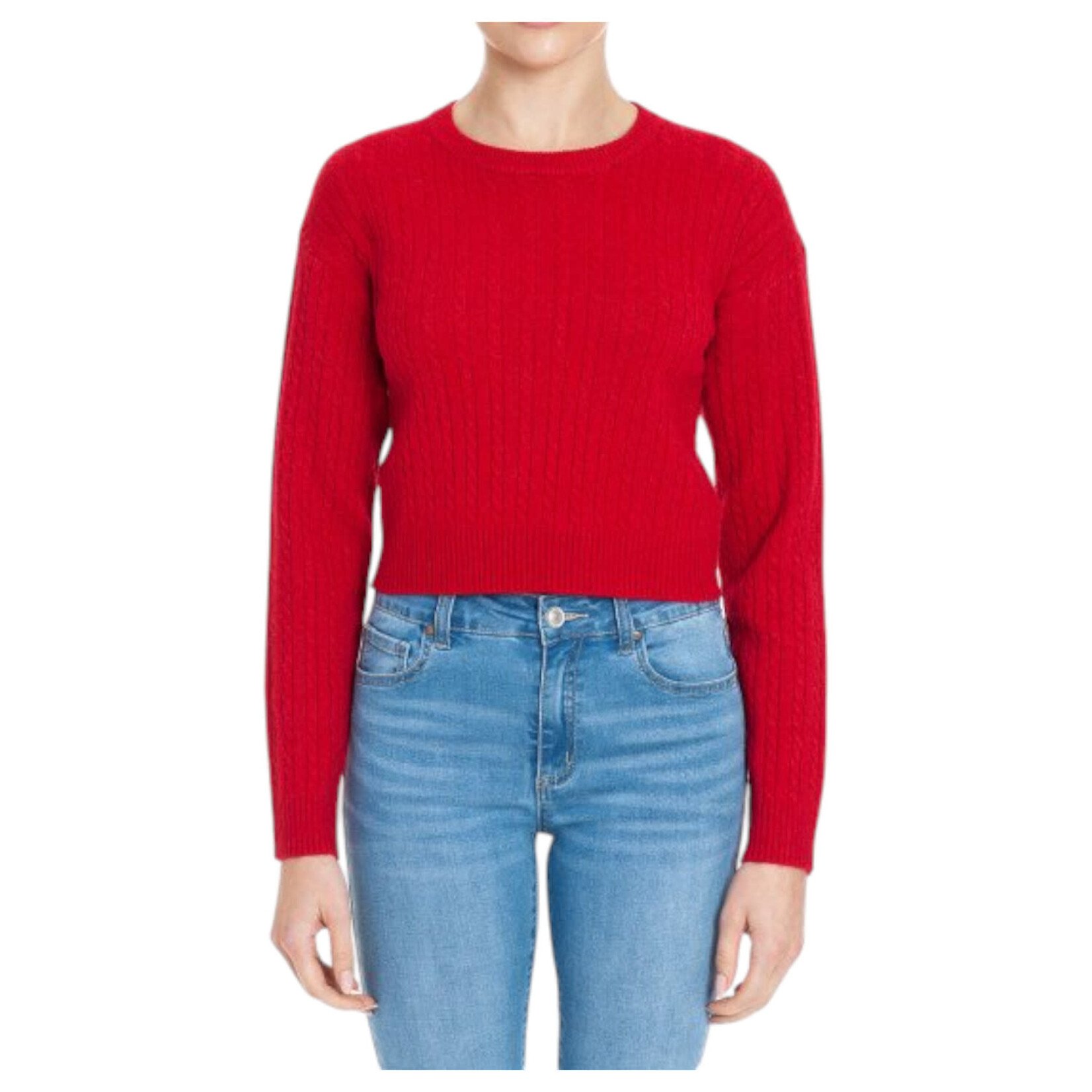 AMBIANCE APPAREL AMBIANCE SOFT CREW NECK CABLE KNIT LONG SLEEVE CROPPED SWEATER 75546