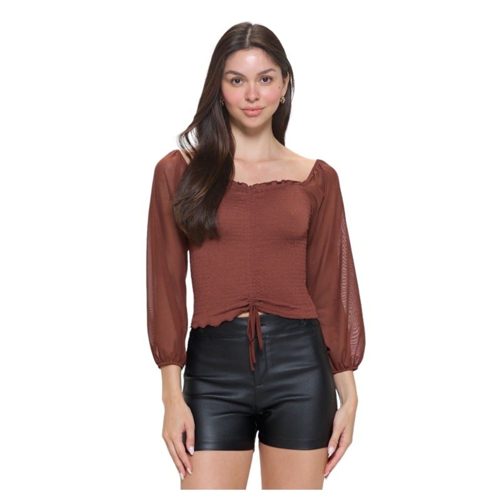 CHOCOLATE CHOCOLATE MESH LONG SLEEVE ROUCHED SMOCKING JERSEY TOP CH8648