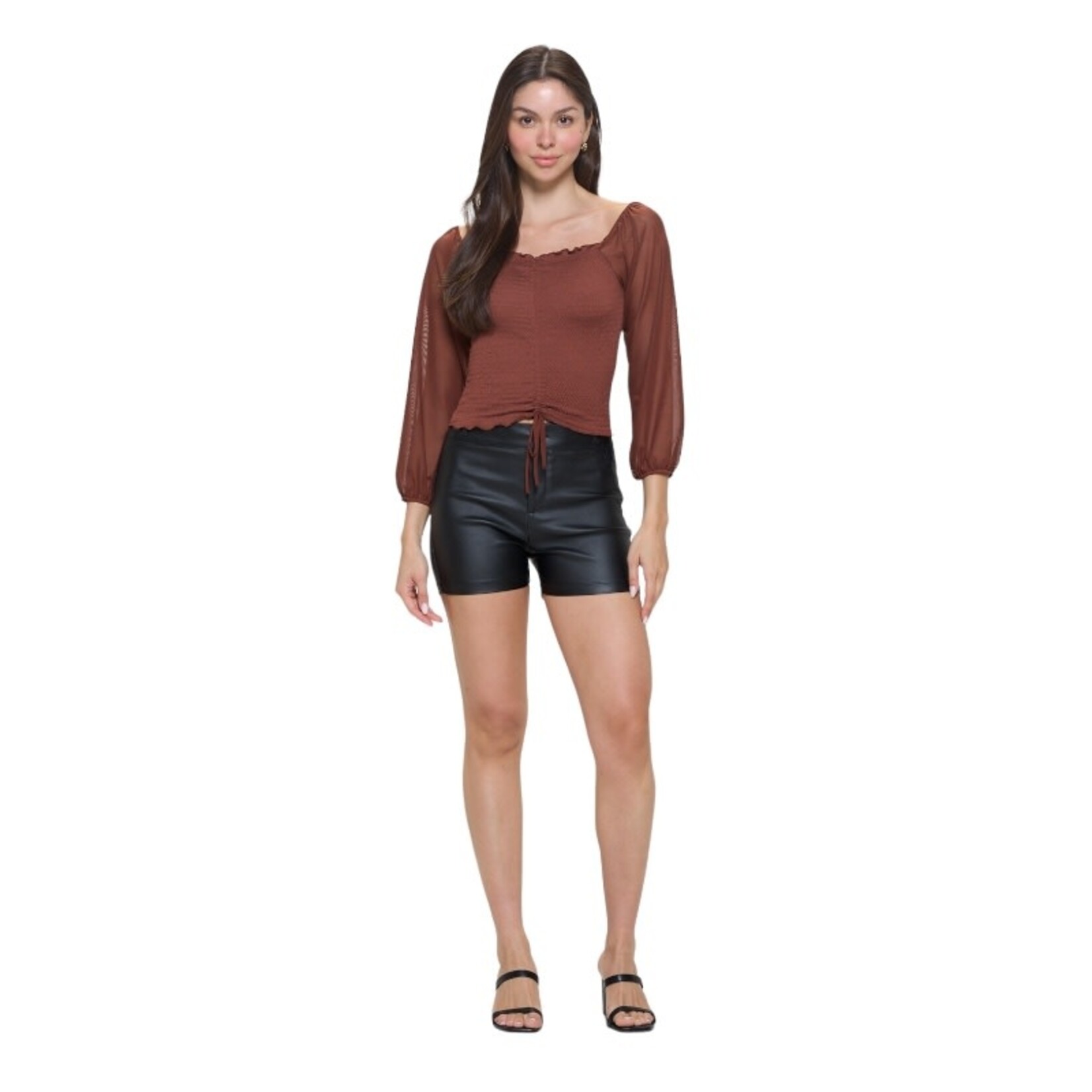 CHOCOLATE CHOCOLATE MESH LONG SLEEVE ROUCHED SMOCKING JERSEY TOP CH8648