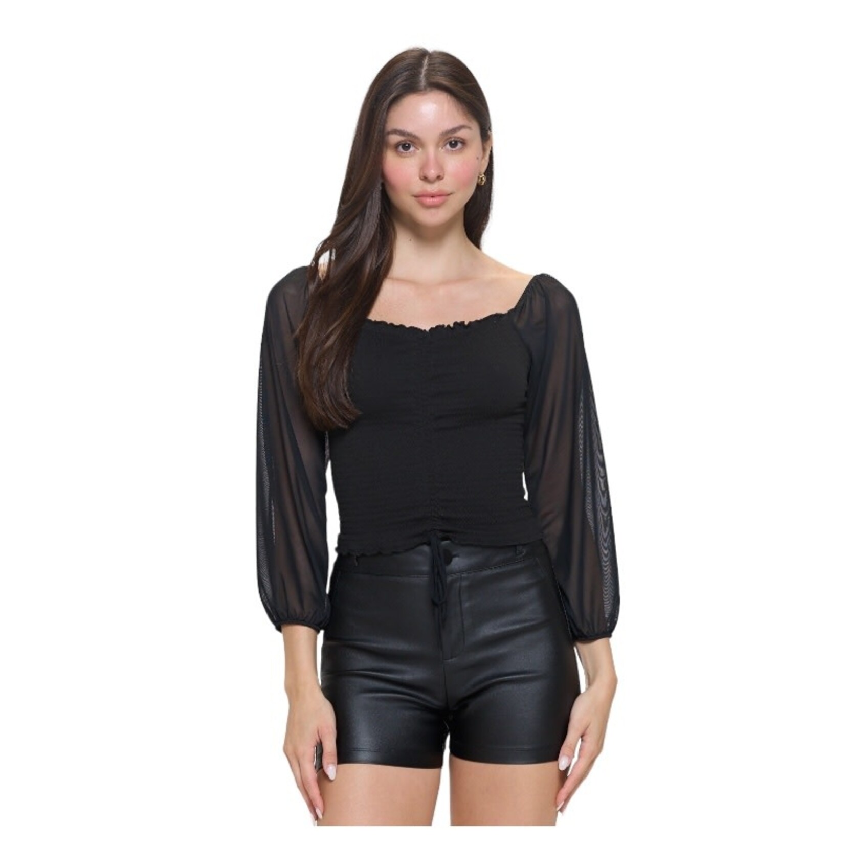 CHOCOLATE CHOCOLATE MESH LONG SLEEVE ROUCHED SMOCKING JERSEY TOP CH8648