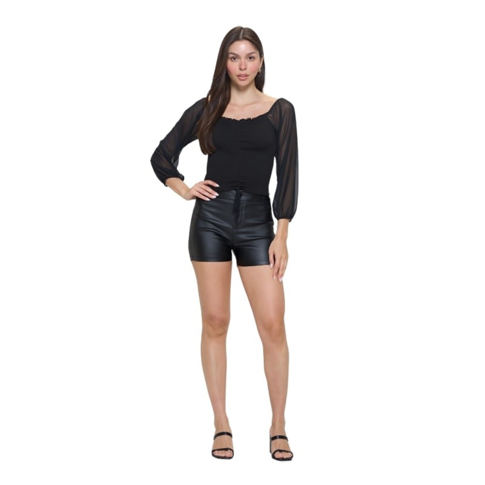 CHOCOLATE CHOCOLATE MESH LONG SLEEVE ROUCHED SMOCKING JERSEY TOP CH8648