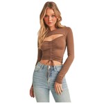 AMBIANCE APPAREL AMBIANCE CUT-OUT CHEST ROUND NECK FRONT RUCHING LONG SLEEVE TOP 74725