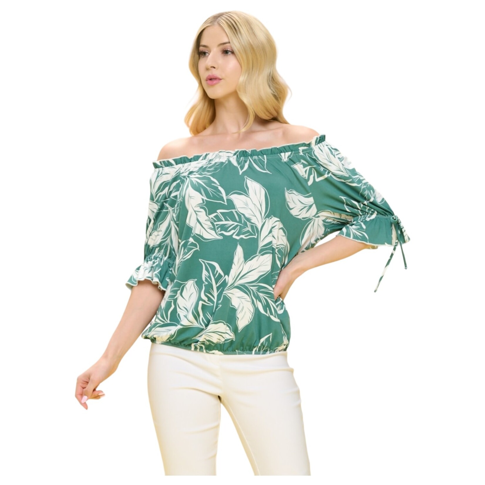 CLEO & KAI CLEO & KAI SHORT SLEEVE OFF SHOULDER BABY RUFFLE NECK TIE TOP CK-MS-1507