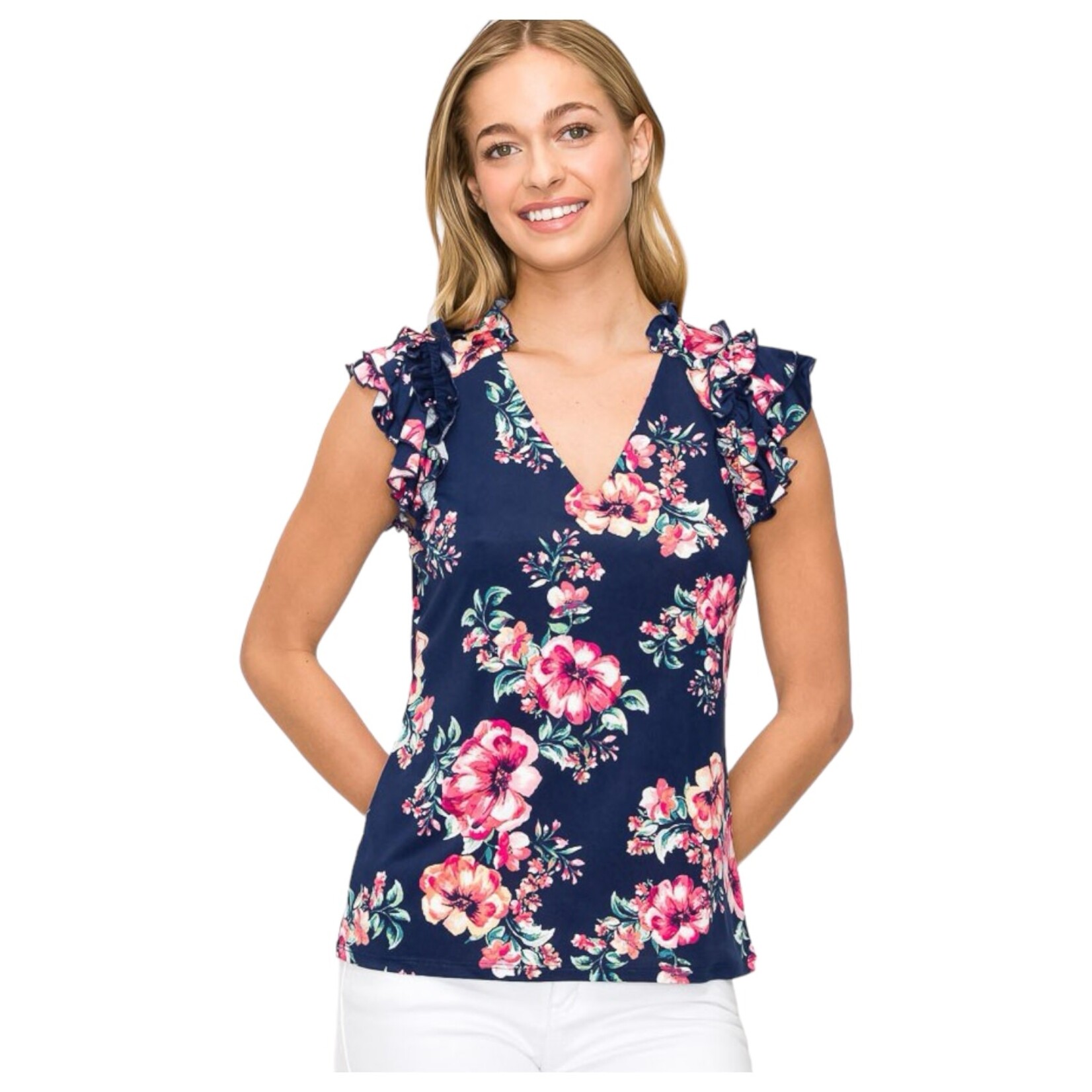 PERSEPTION PERSEPTION PRINTED V-NECK CAP SLEEVE TOP TP-MS-1027