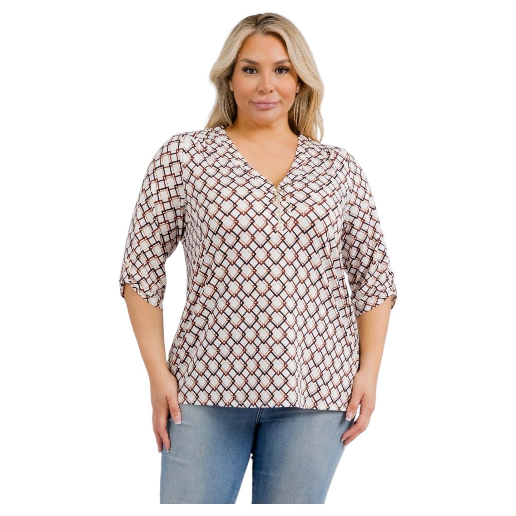 PERSEPTION PERSEPTION PLUS 3/4 SLEEVE SQUARE ZIPPER TOP TP-WM-1425