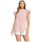 SOLUTION SOLUTION ZEBRA PRINT RUFFLE CAP SLEEVE MOCK NECK TOP S-26311