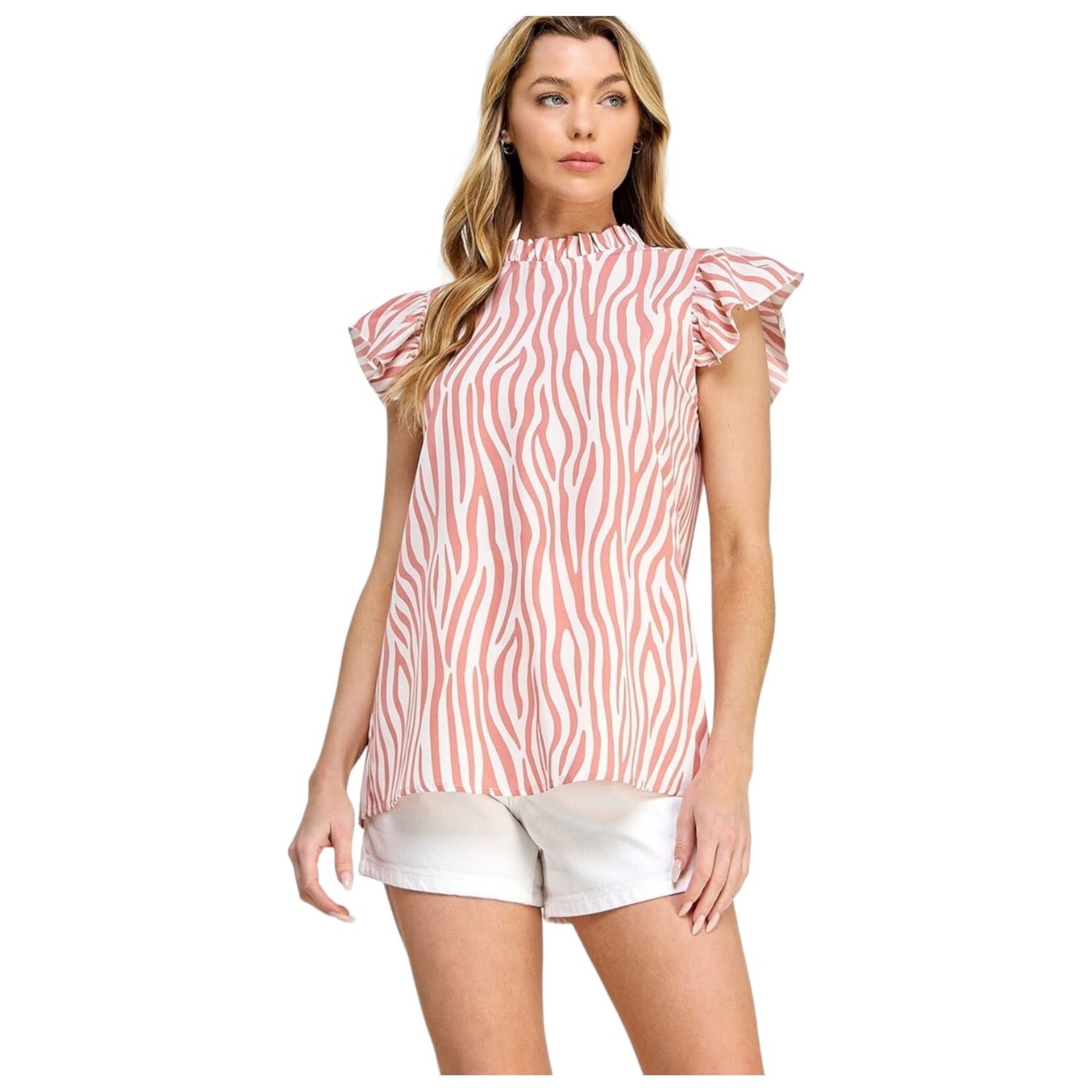SOLUTION SOLUTION ZEBRA PRINT RUFFLE CAP SLEEVE MOCK NECK TOP S-26311