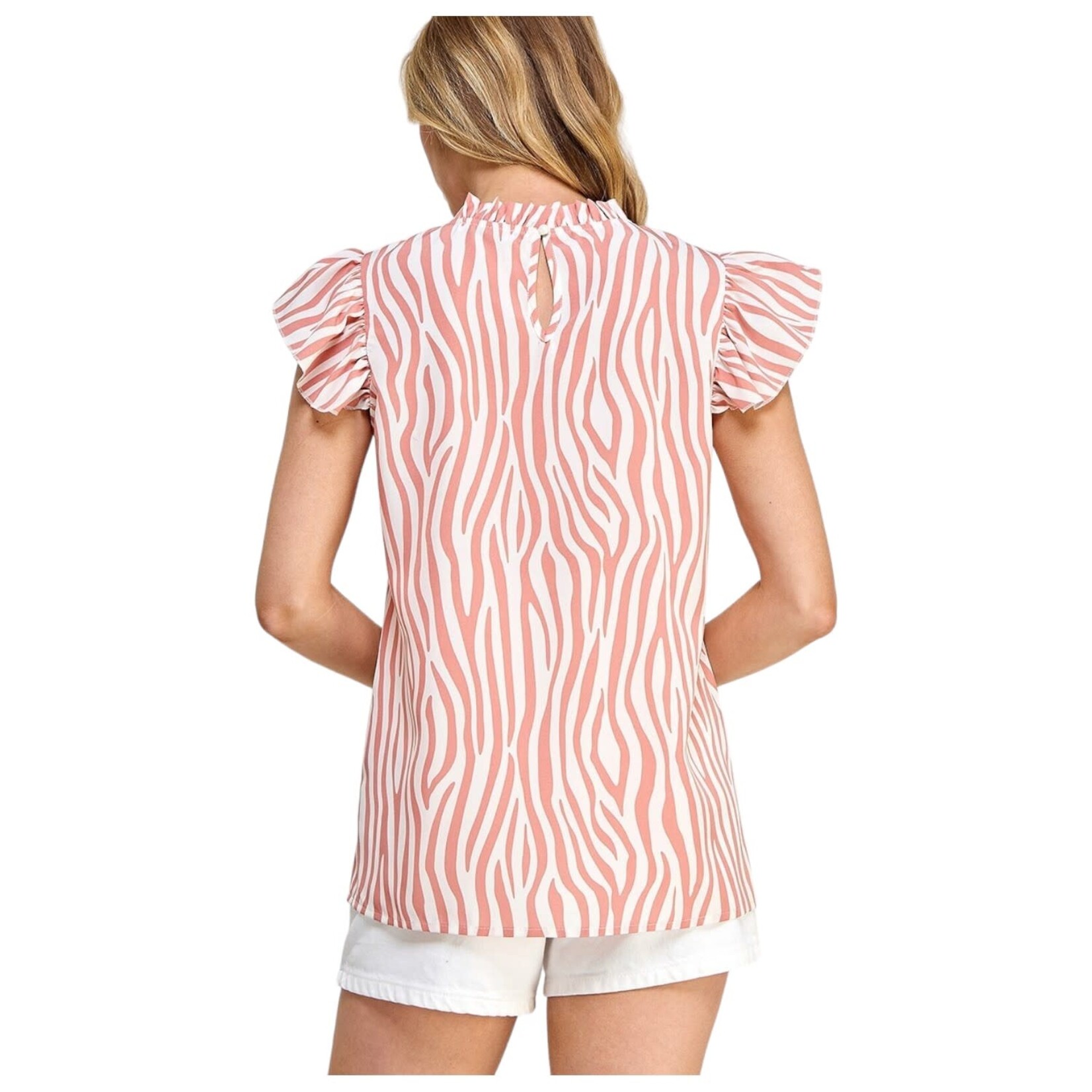 SOLUTION SOLUTION ZEBRA PRINT RUFFLE CAP SLEEVE MOCK NECK TOP S-26311