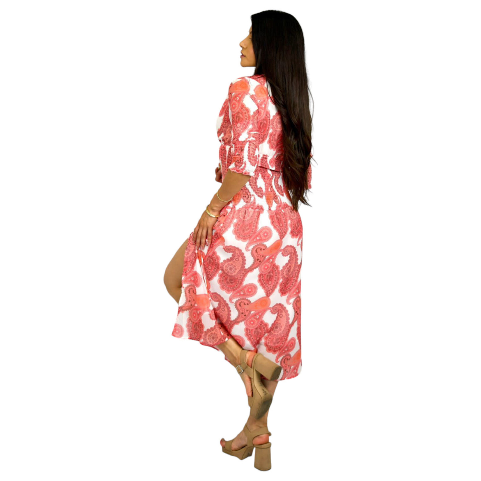 MISS KELLY MISS KELLY FAUX WRAP 3/4 SLEEVE PAISLEY PRINT SMOCKED WAIST MIDI DRESS W/ SLIT SD3348