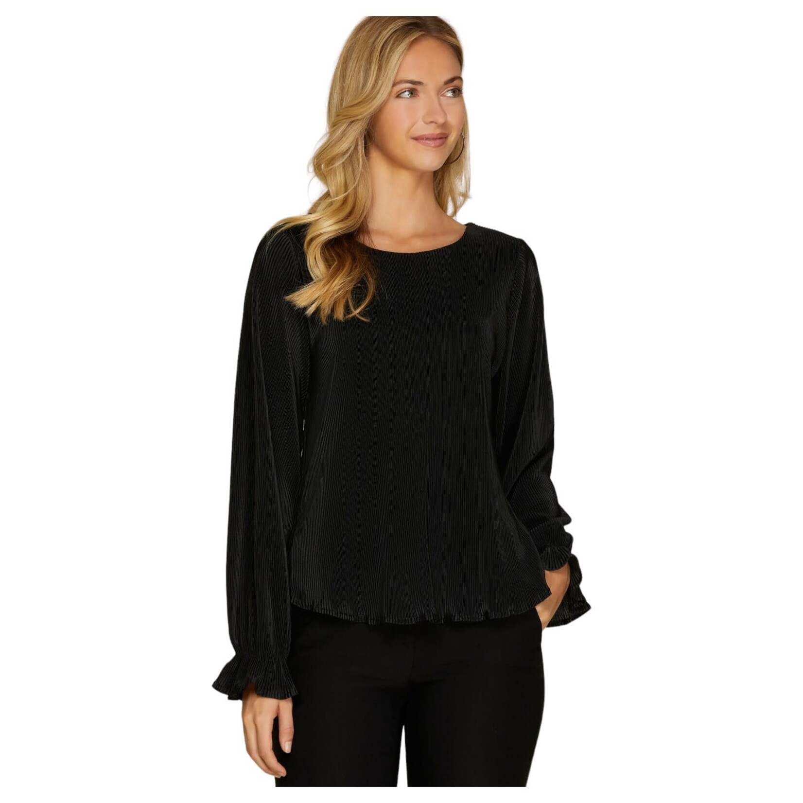 SHE & SKY SHE & SKY PLUS LONG SLEEVE SOLID PLISSE TOP PSY4565