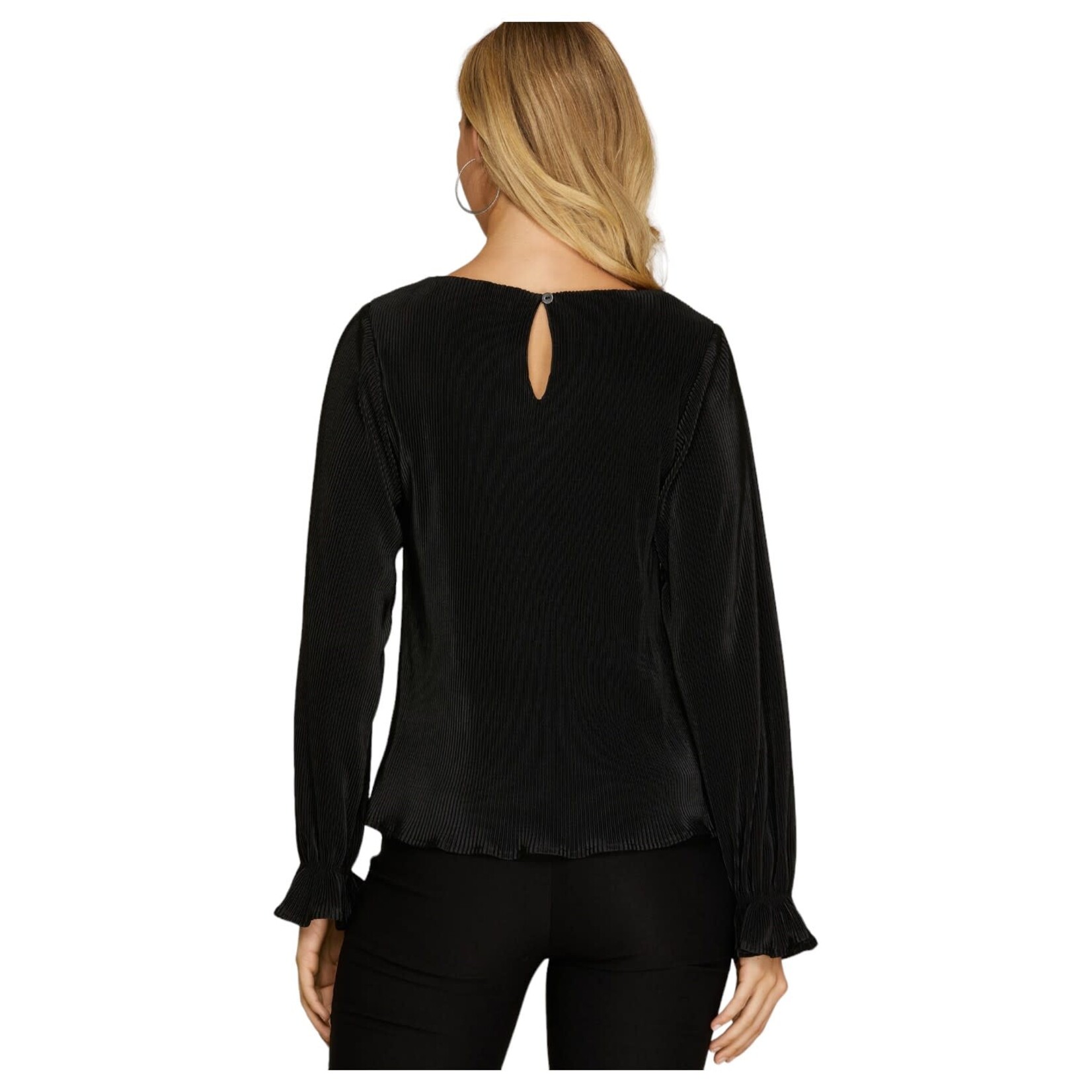 SHE & SKY SHE & SKY PLUS LONG SLEEVE SOLID PLISSE TOP PSY4565