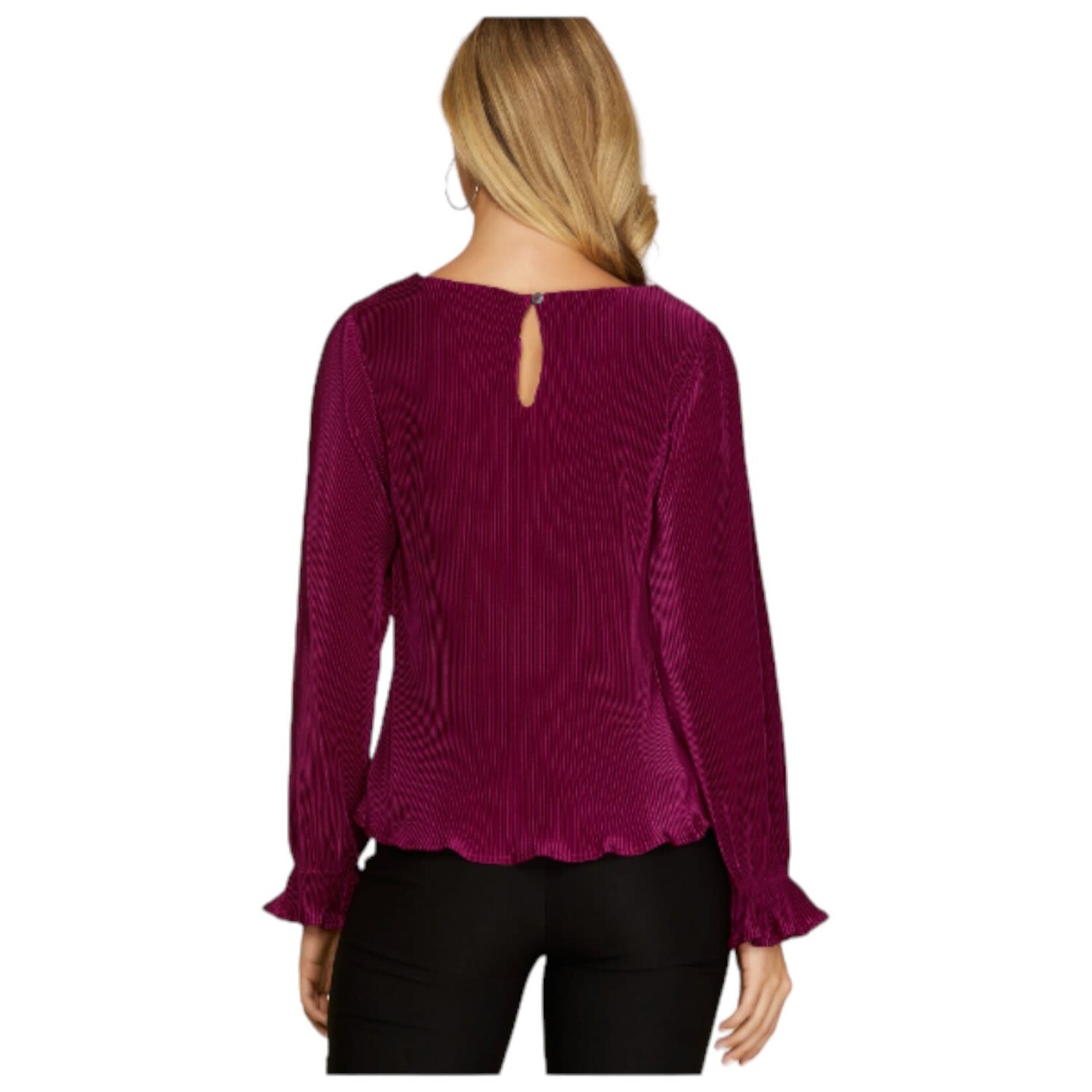 SHE & SKY SHE & SKY PLUS LONG SLEEVE SOLID PLISSE TOP PSY4565