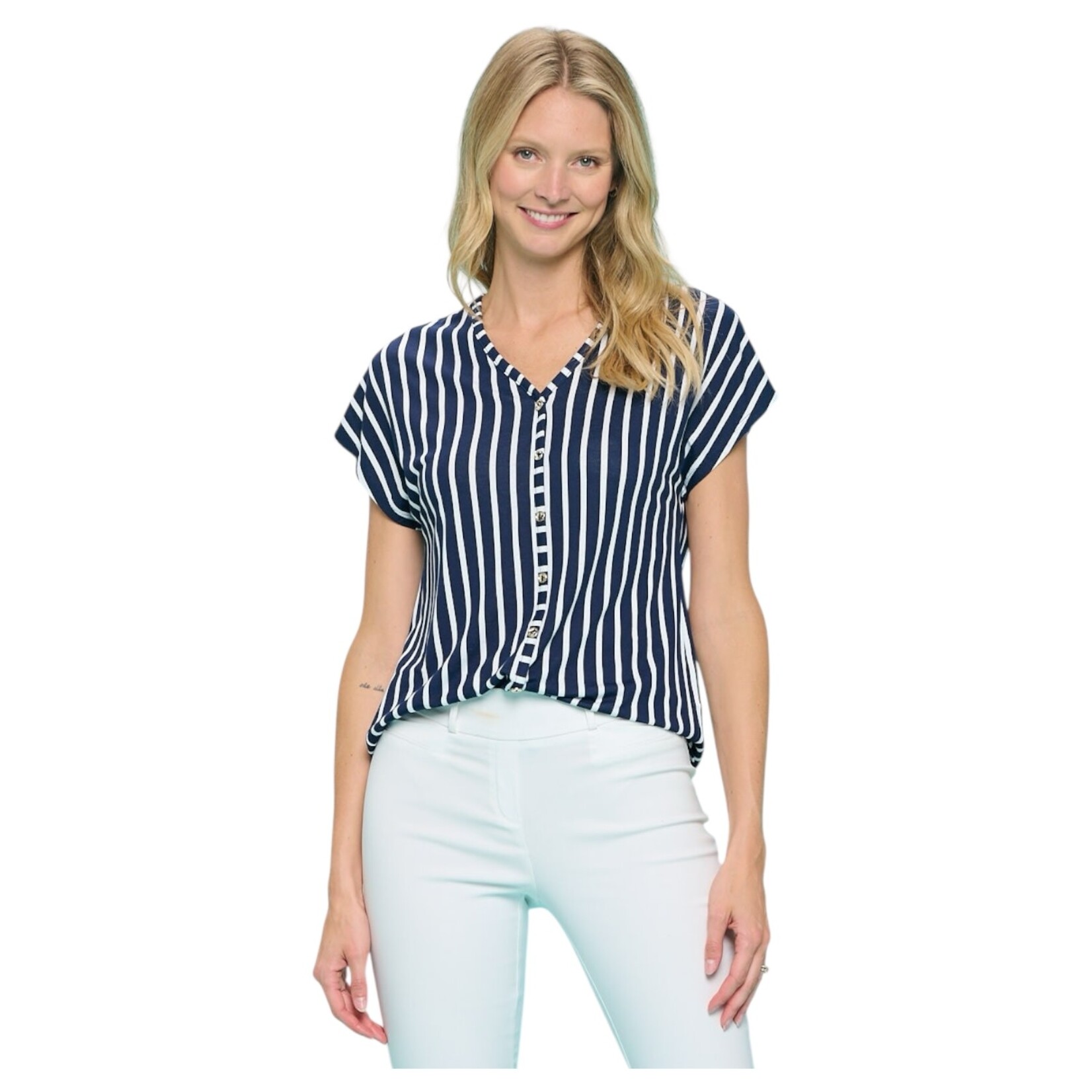 PERSEPTION PERSEPTION STRIPED SHORT SLEEVE BUTTON FRONT DOLLMAN BLOUSE TP-MS-1913