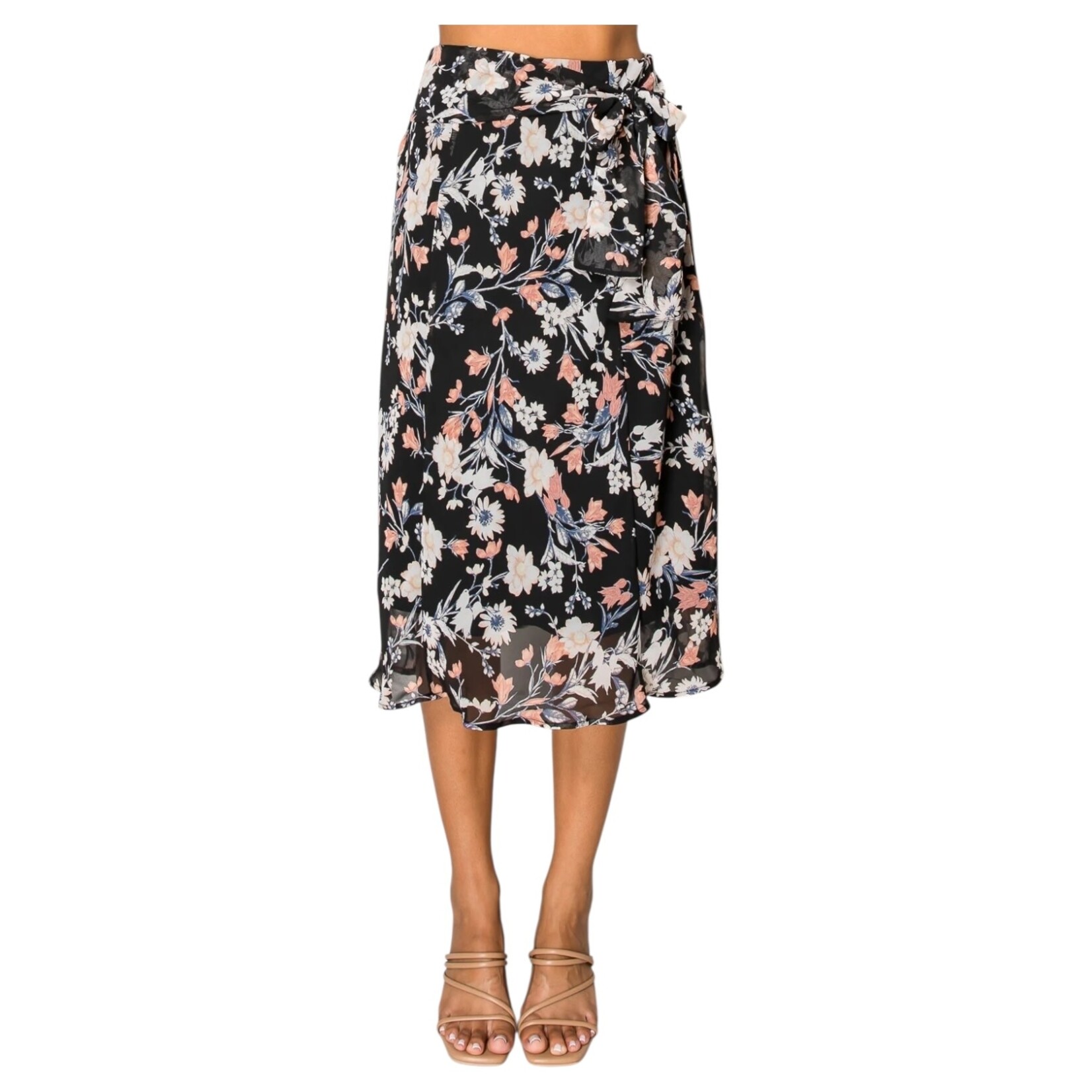 PERSEPTION PERSEPTION ELASTIC WAIST SELF TIE A-LINE PATTERNED CHIFFON MIDI SKIRT SK-MS-1554