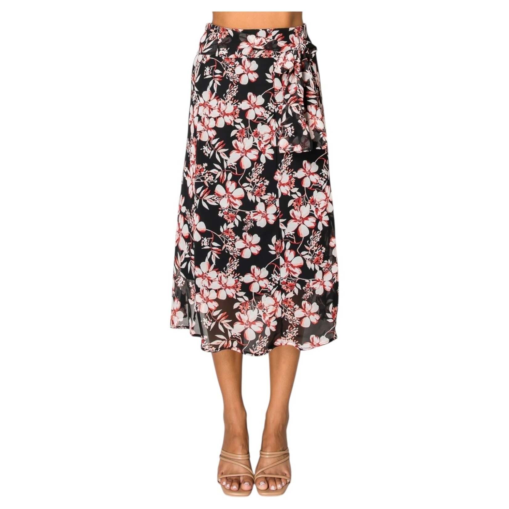 PERSEPTION PERSEPTION ELASTIC WAIST SELF TIE A-LINE PATTERNED CHIFFON MIDI SKIRT SK-MS-1554