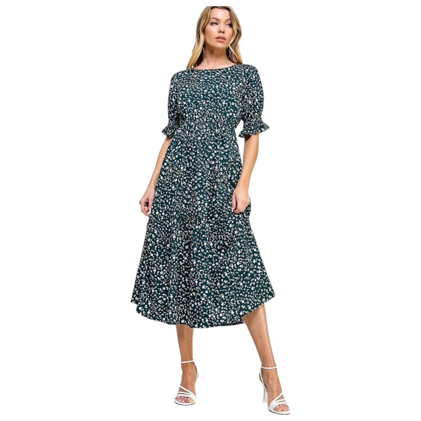 SOLUTION SOLUTION ELASTICATED WAISTLINE FLORAL PRINTED MIDI DRESS S-26466