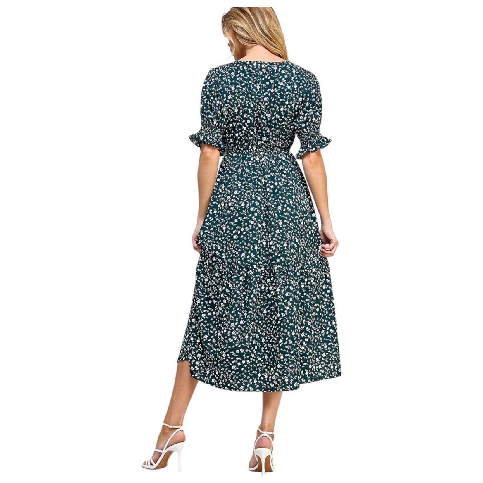 SOLUTION SOLUTION ELASTICATED WAISTLINE FLORAL PRINTED MIDI DRESS S-26466