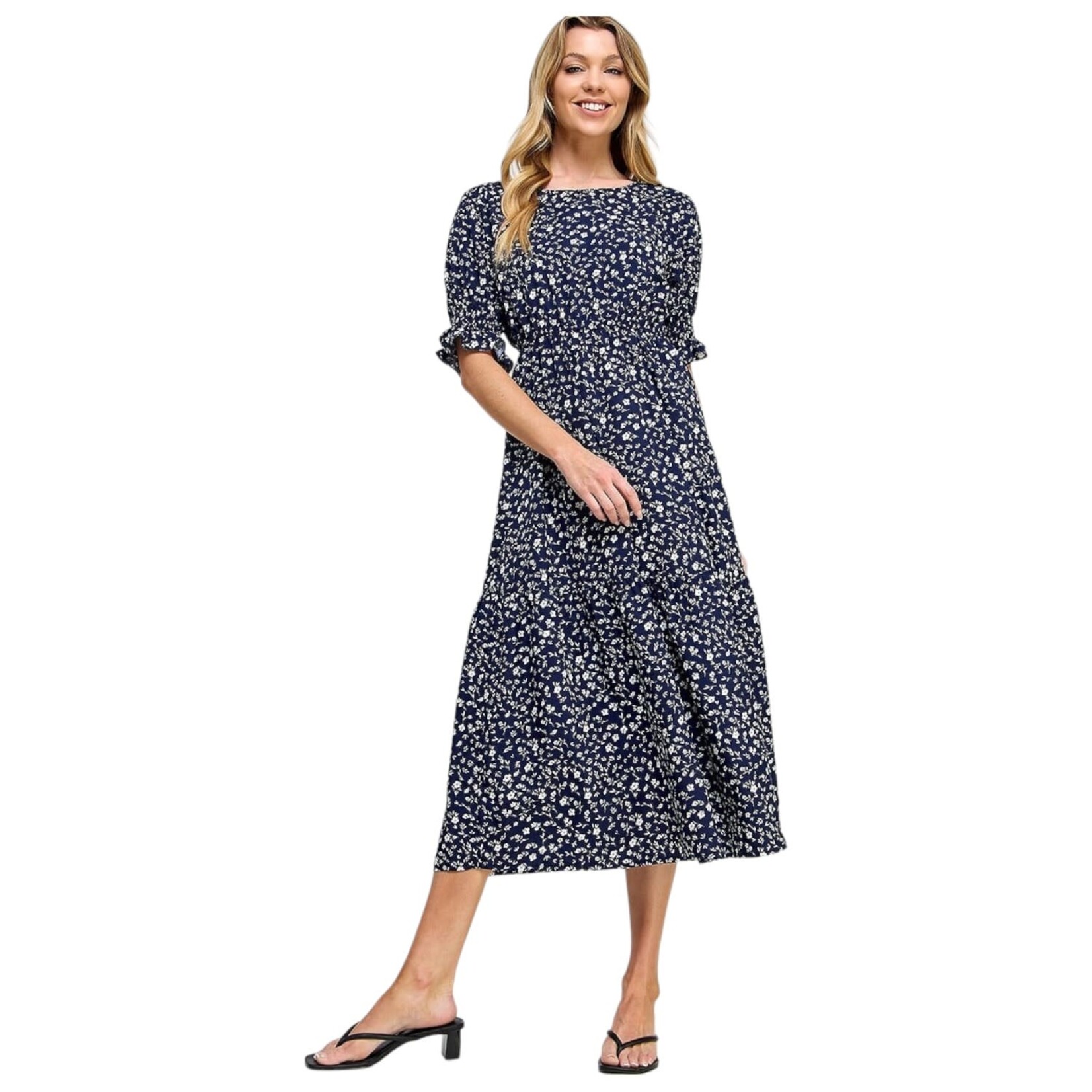 SOLUTION SOLUTION ELASTICATED WAISTLINE FLORAL PRINTED MIDI DRESS S-26466