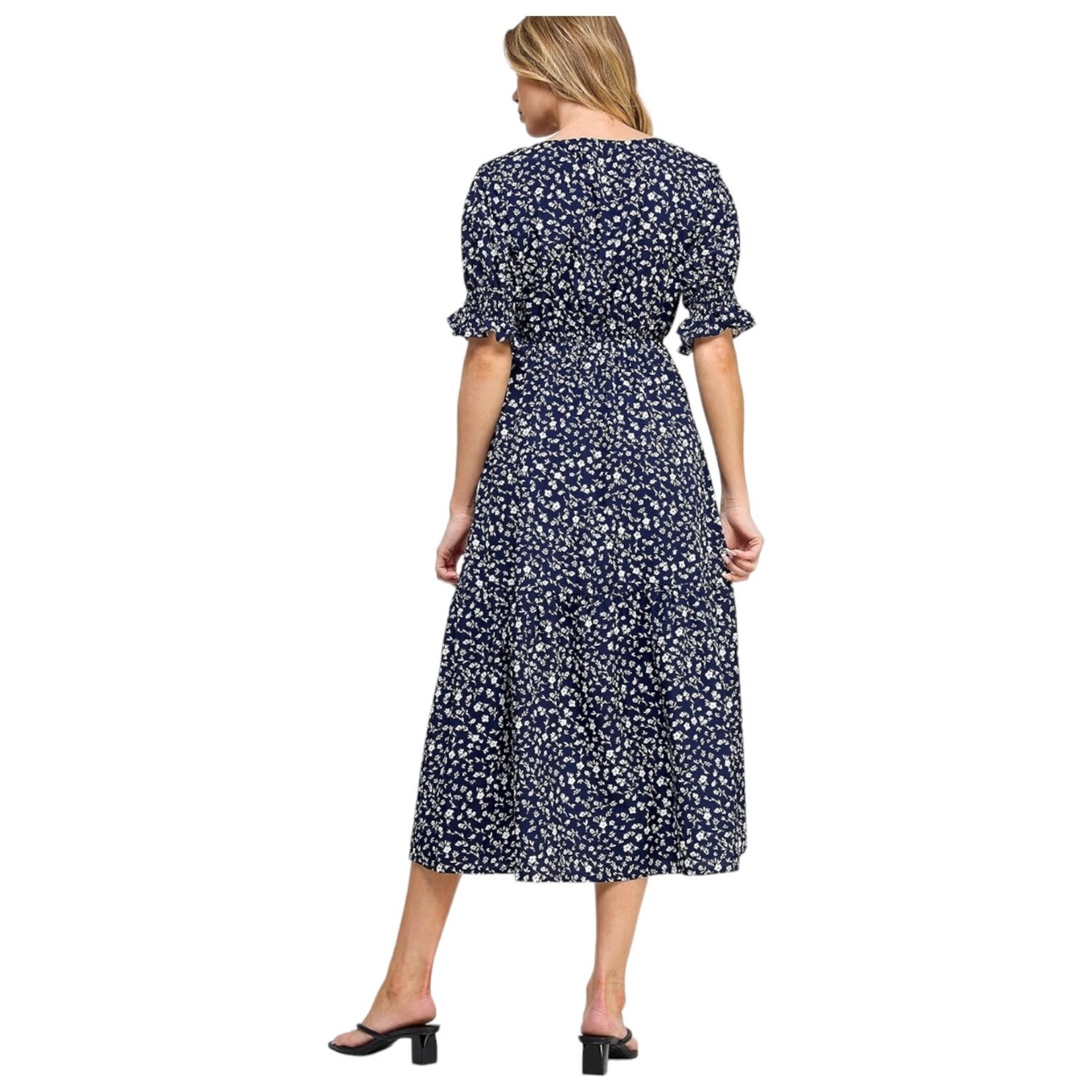 SOLUTION SOLUTION ELASTICATED WAISTLINE FLORAL PRINTED MIDI DRESS S-26466