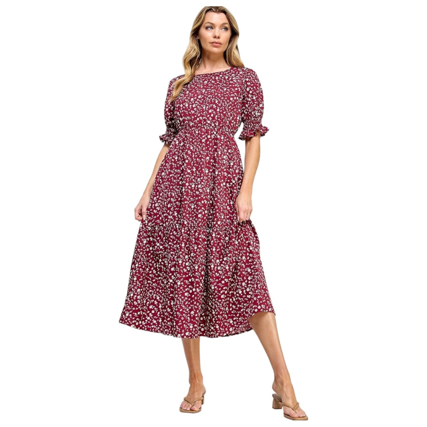 SOLUTION SOLUTION ELASTICATED WAISTLINE FLORAL PRINTED MIDI DRESS S-26466