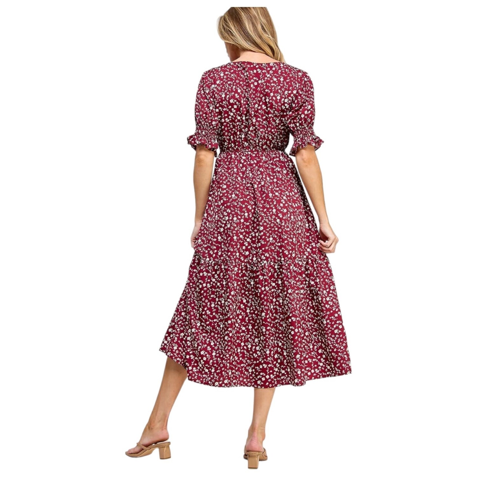 SOLUTION SOLUTION ELASTICATED WAISTLINE FLORAL PRINTED MIDI DRESS S-26466