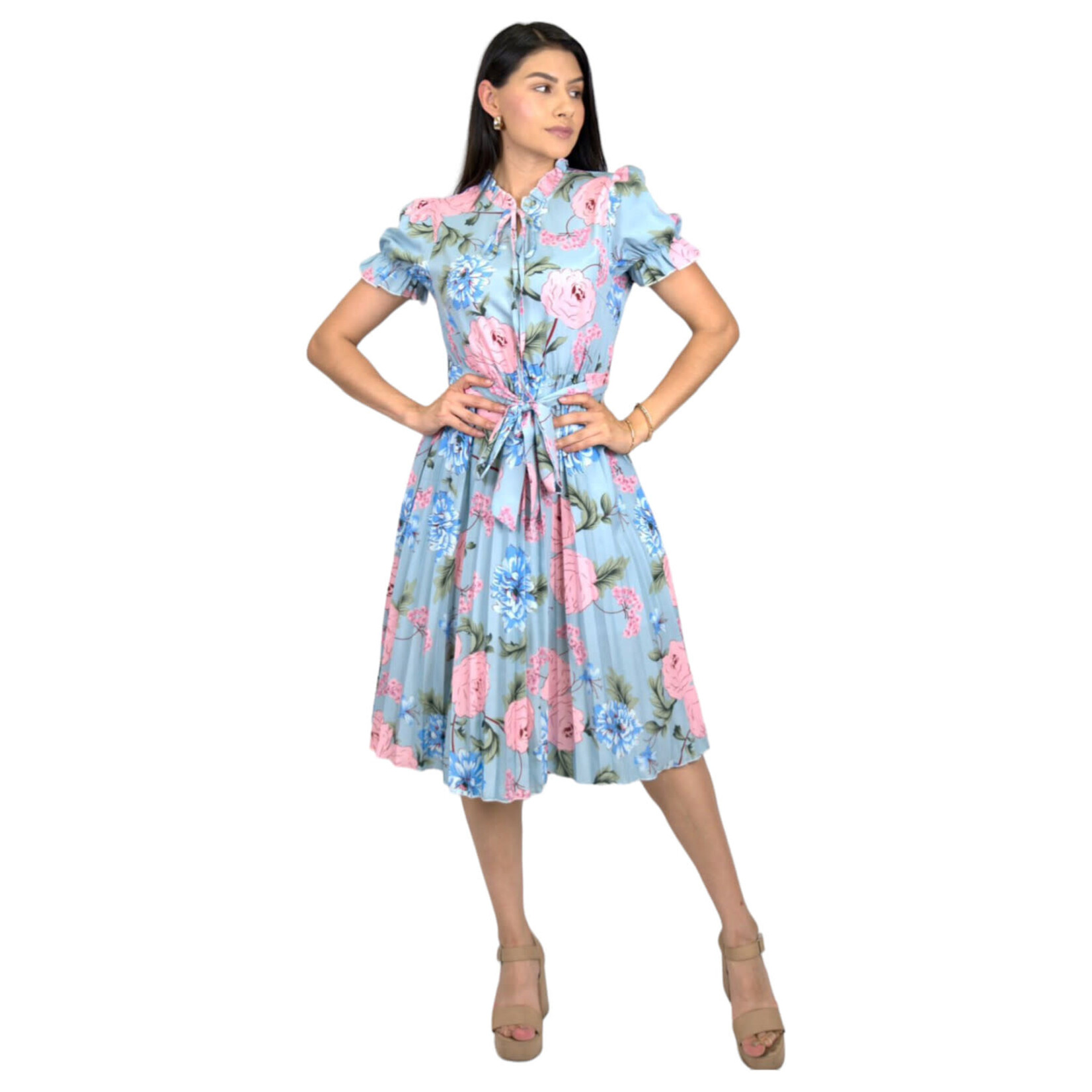 MISS KELLY MISS KELLY FLORAL PUFF SLEEVE KEYHOLE TIE PLEATED MIDI DRESS SD5291