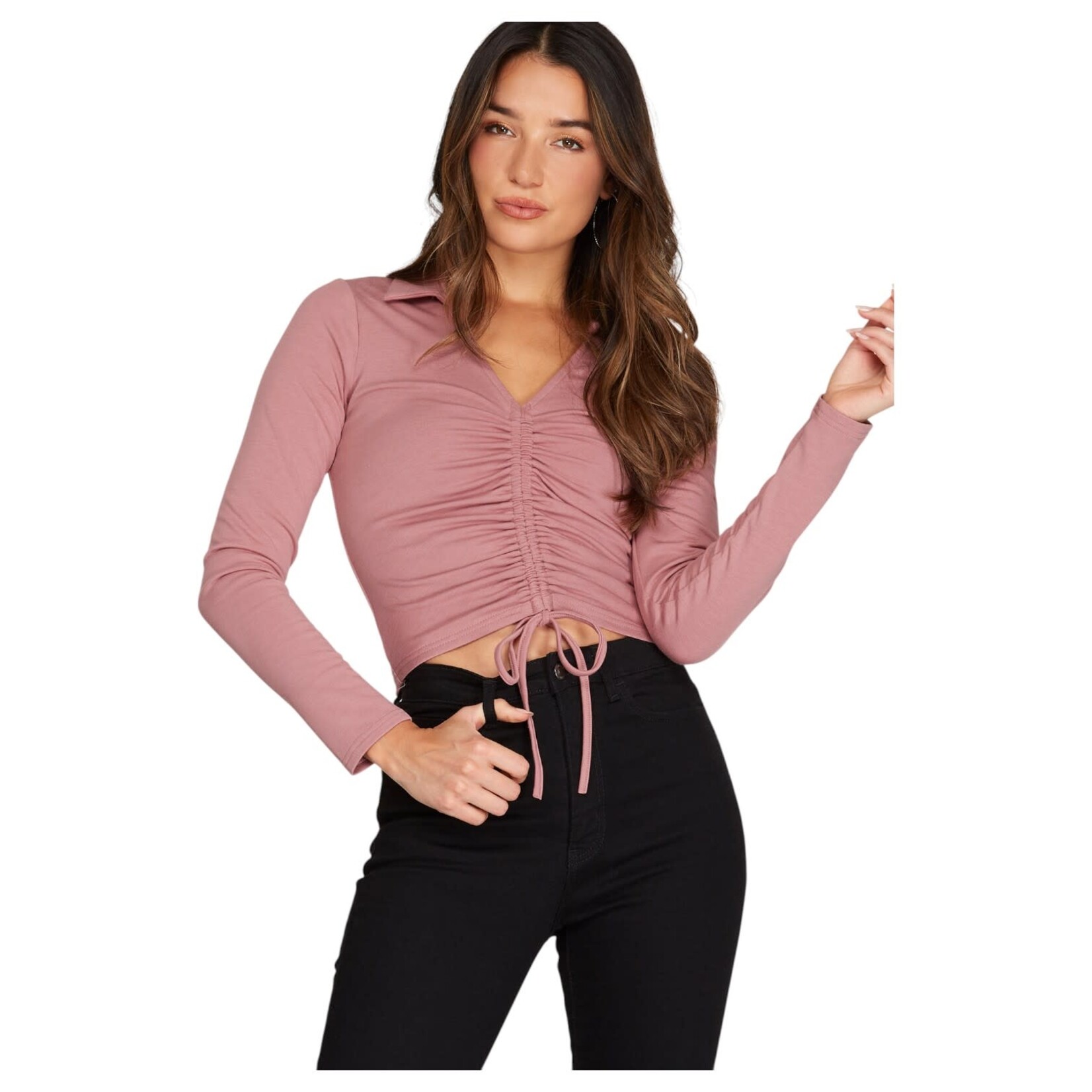 SHE & SKY SHE & SKY LONG SLEEVE DRAWSTRING FRONT KNIT CROP TOP SS8850