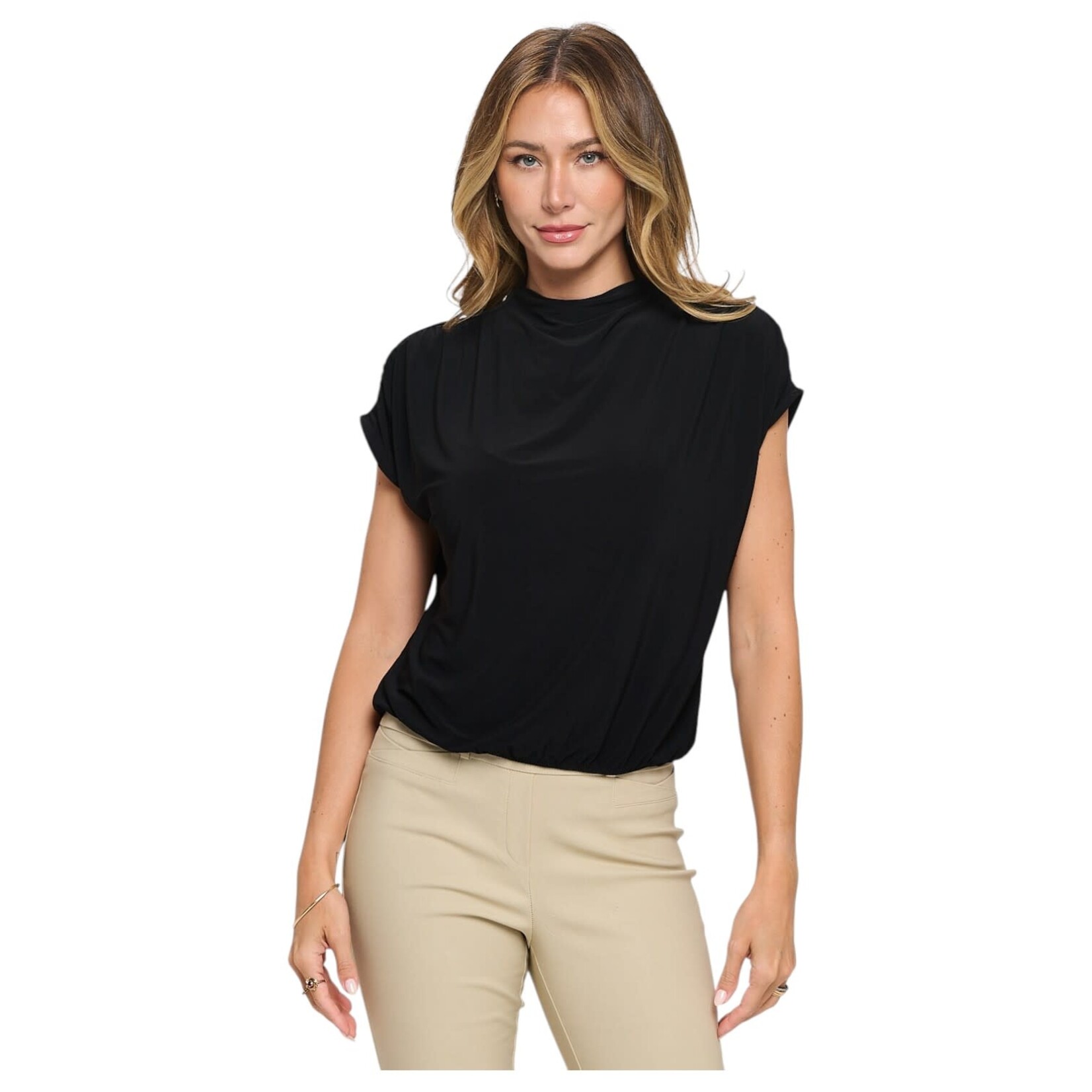 PERSEPTION PERSEPTION MIX MEDIA FUNNEL NECK BUBBLE HEM SHORT SLEEVE BLOUSE TP-MS-1967