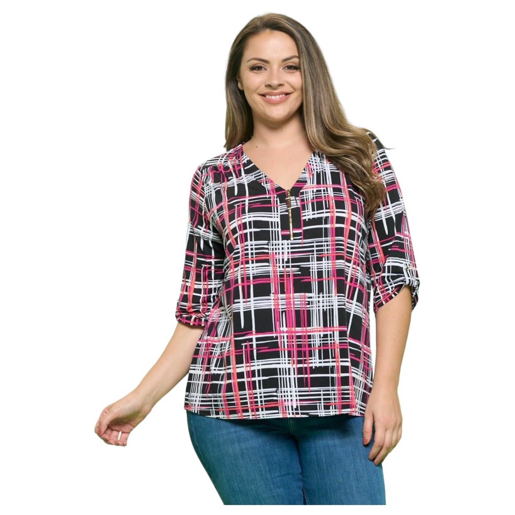 PERSEPTION PERSEPTION PLUS 3/4 SLEEVE SQUARE ZIPPER TOP TP-WM-1425