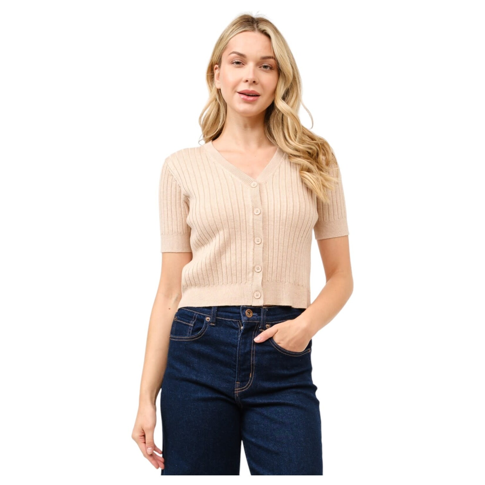 CIELO CIELO SHORT SLEEVE RIBBED CARDIGAN SW252