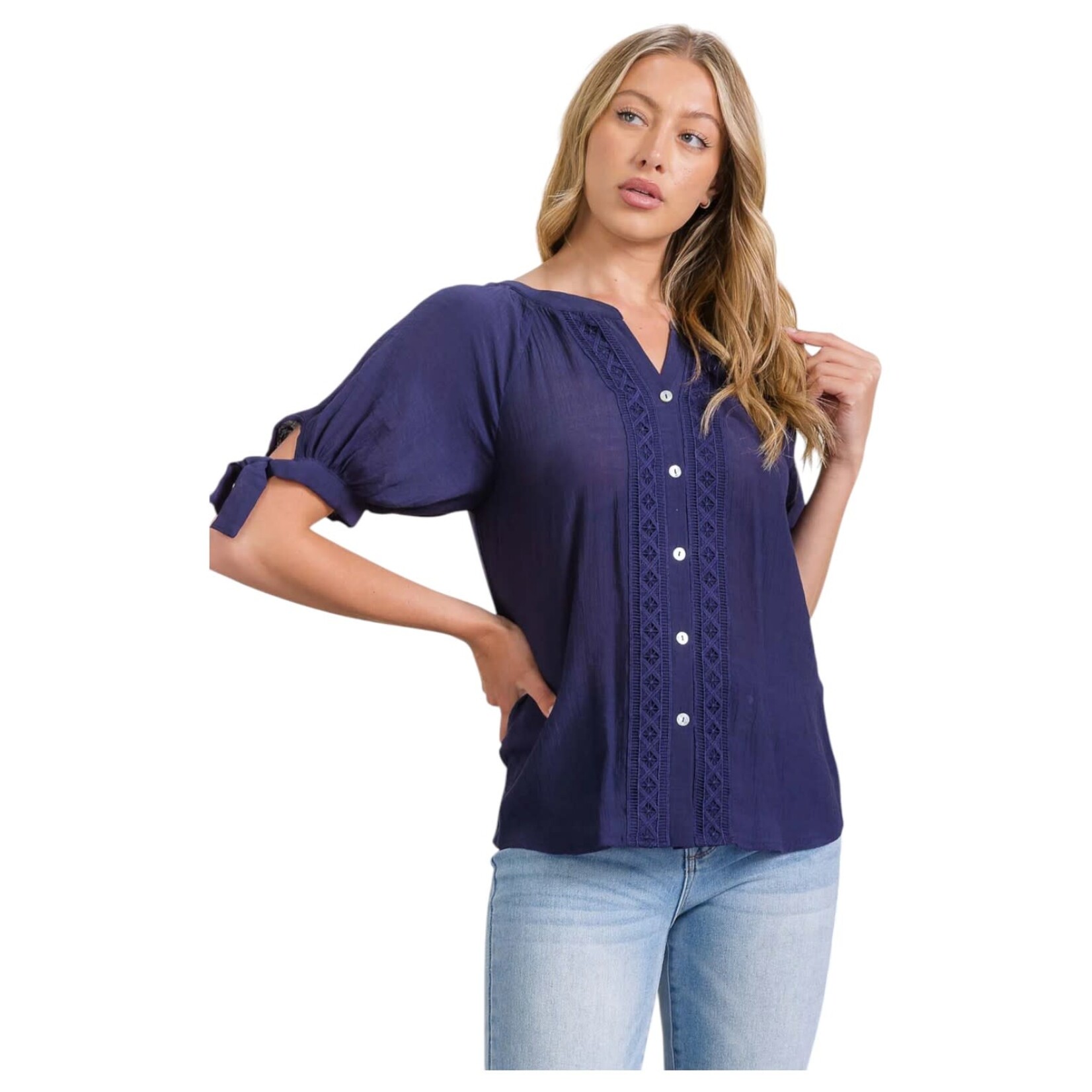 PERSEPTION PERSEPTION CROCHET CENTER SHORT SLEEVE TOP TP-MS-2041