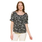 PERSEPTION PERSEPTION SHORT SLEEVE MIX MEDIA SMOCKING YOKE CUFF PEASANT BLOUSE TP-MS-1893