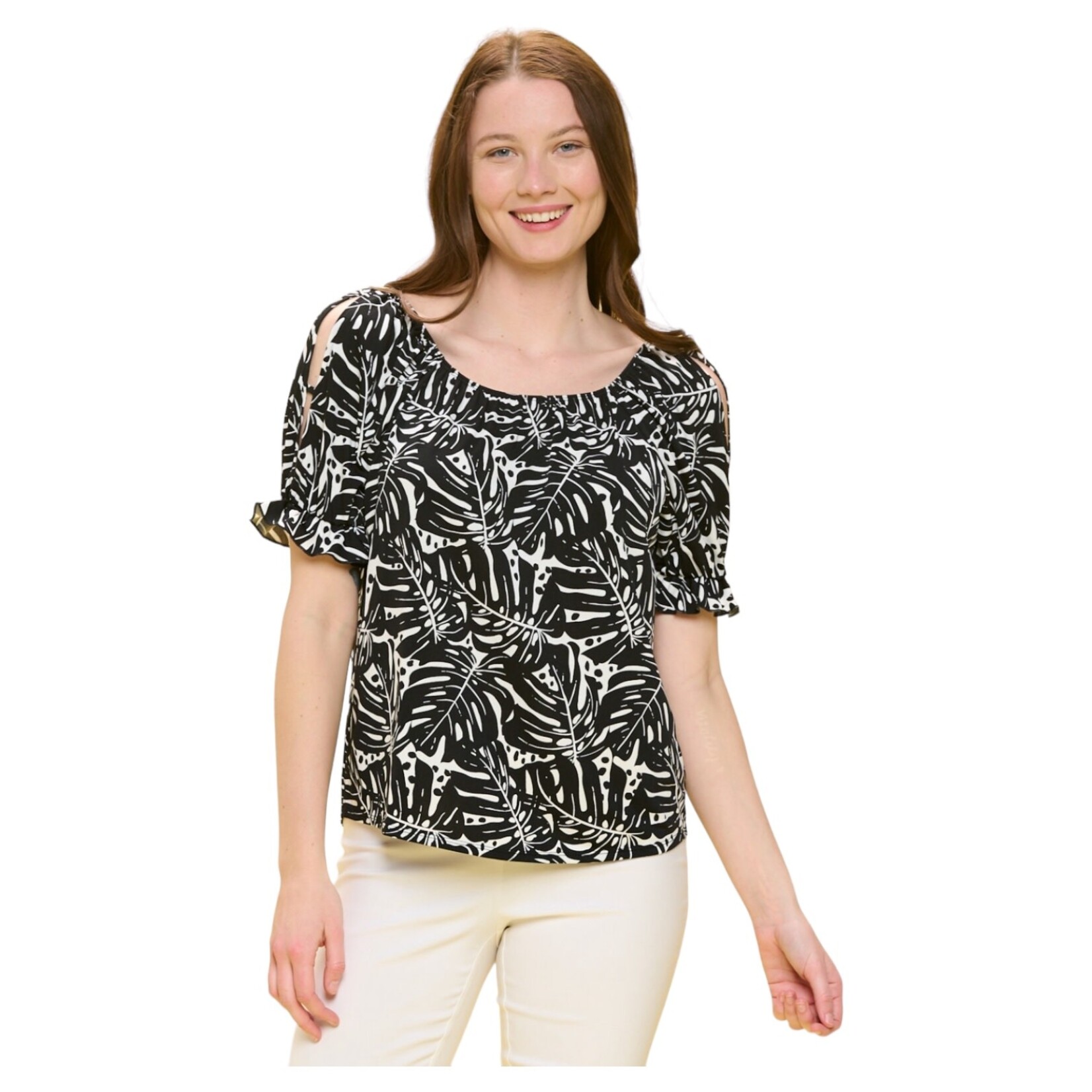 PERSEPTION PERSEPTION SHORT SLEEVE MIX MEDIA SMOCKING YOKE CUFF PEASANT BLOUSE TP-MS-1893