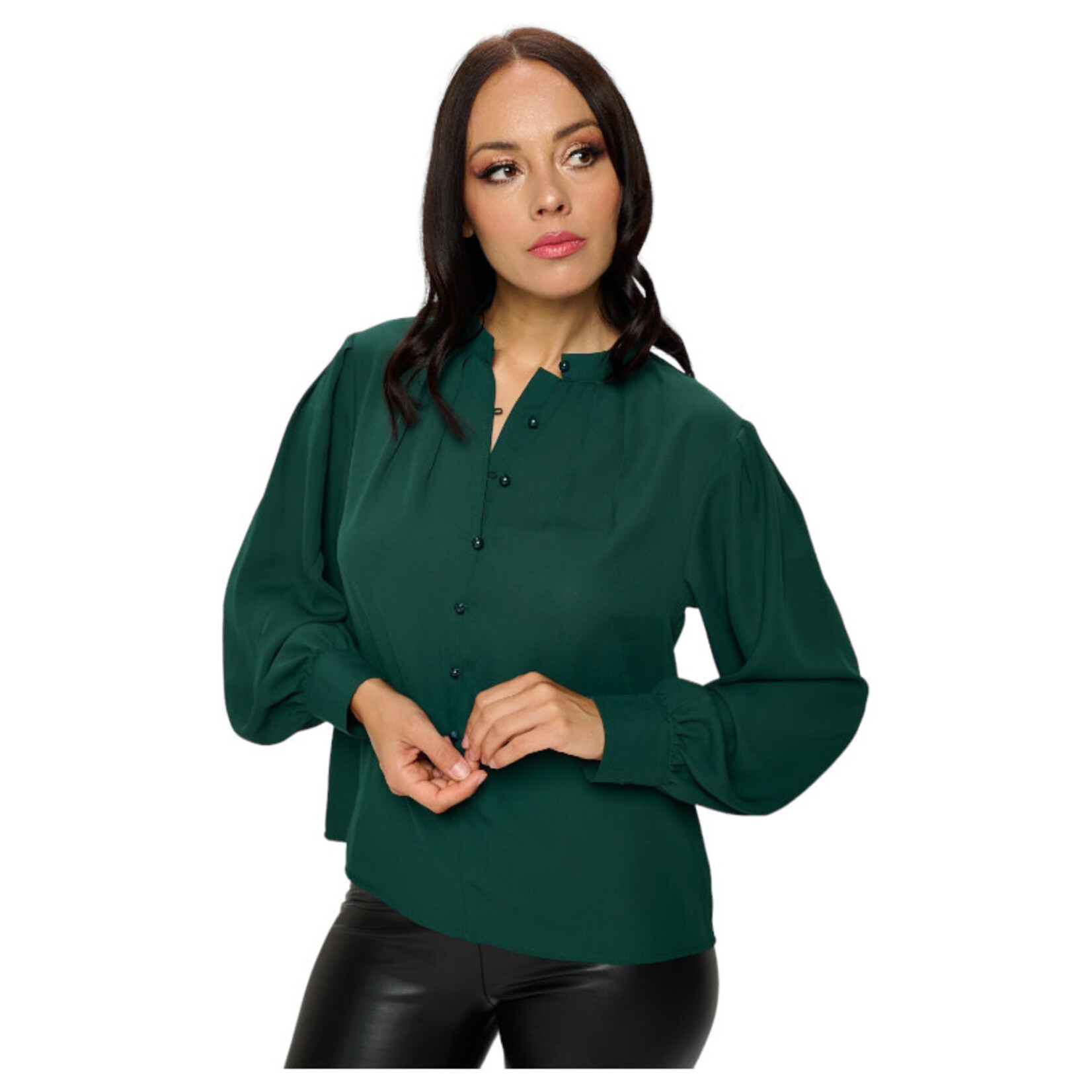 CHOCOLATE CHOCOLATE DOBBY NECK LINE PLEATED BUTTON-UP BLOUSE MT4448