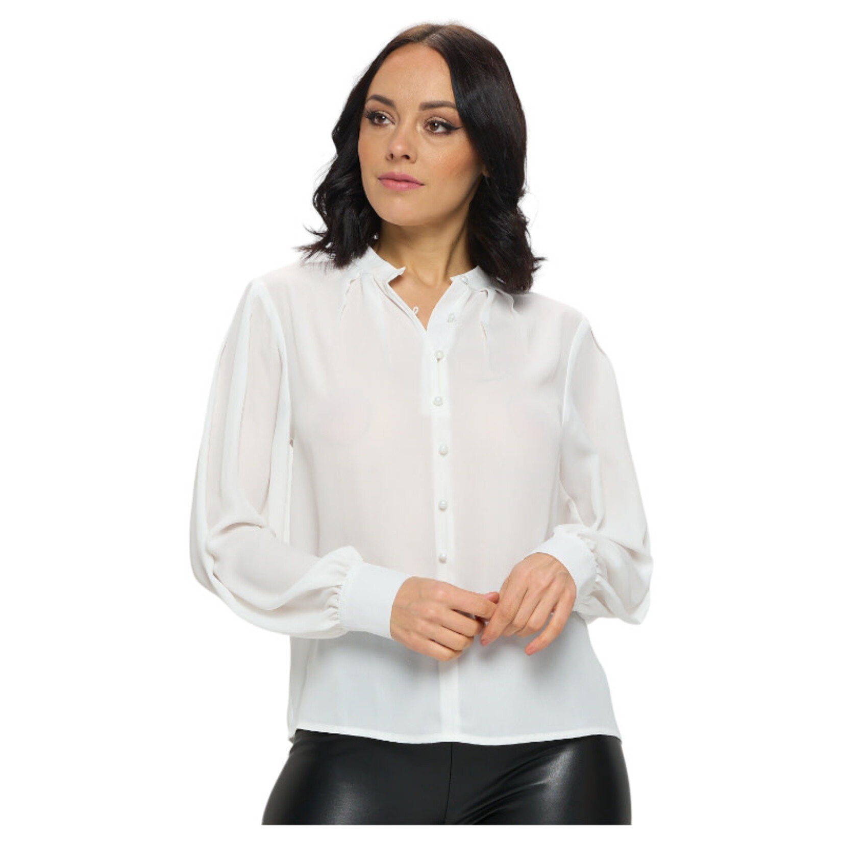 CHOCOLATE CHOCOLATE DOBBY NECK LINE PLEATED BUTTON-UP BLOUSE MT4448