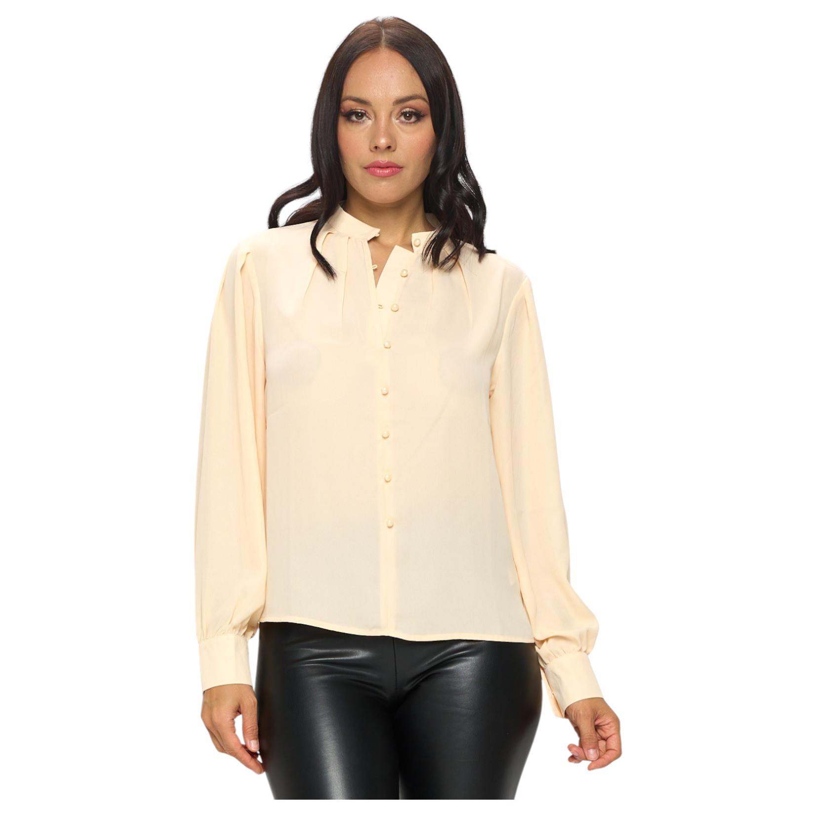 CHOCOLATE CHOCOLATE DOBBY NECK LINE PLEATED BUTTON-UP BLOUSE MT4448