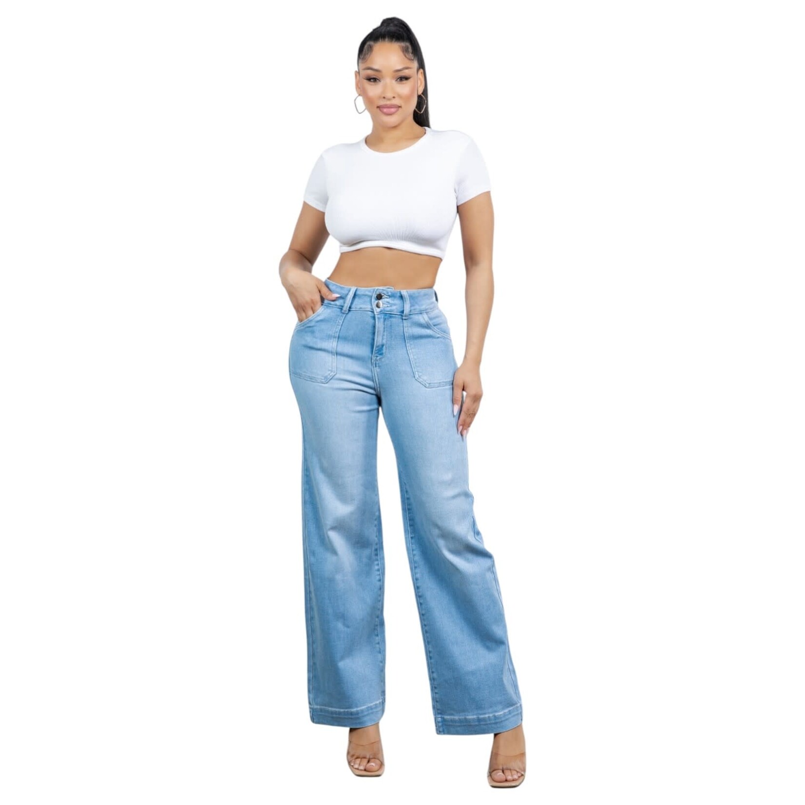 ENCORE JEANS ENCORE PLUS 2 BUTTON HIGH RISE WIDE LEG PATCH POCKET JEAN V2621L