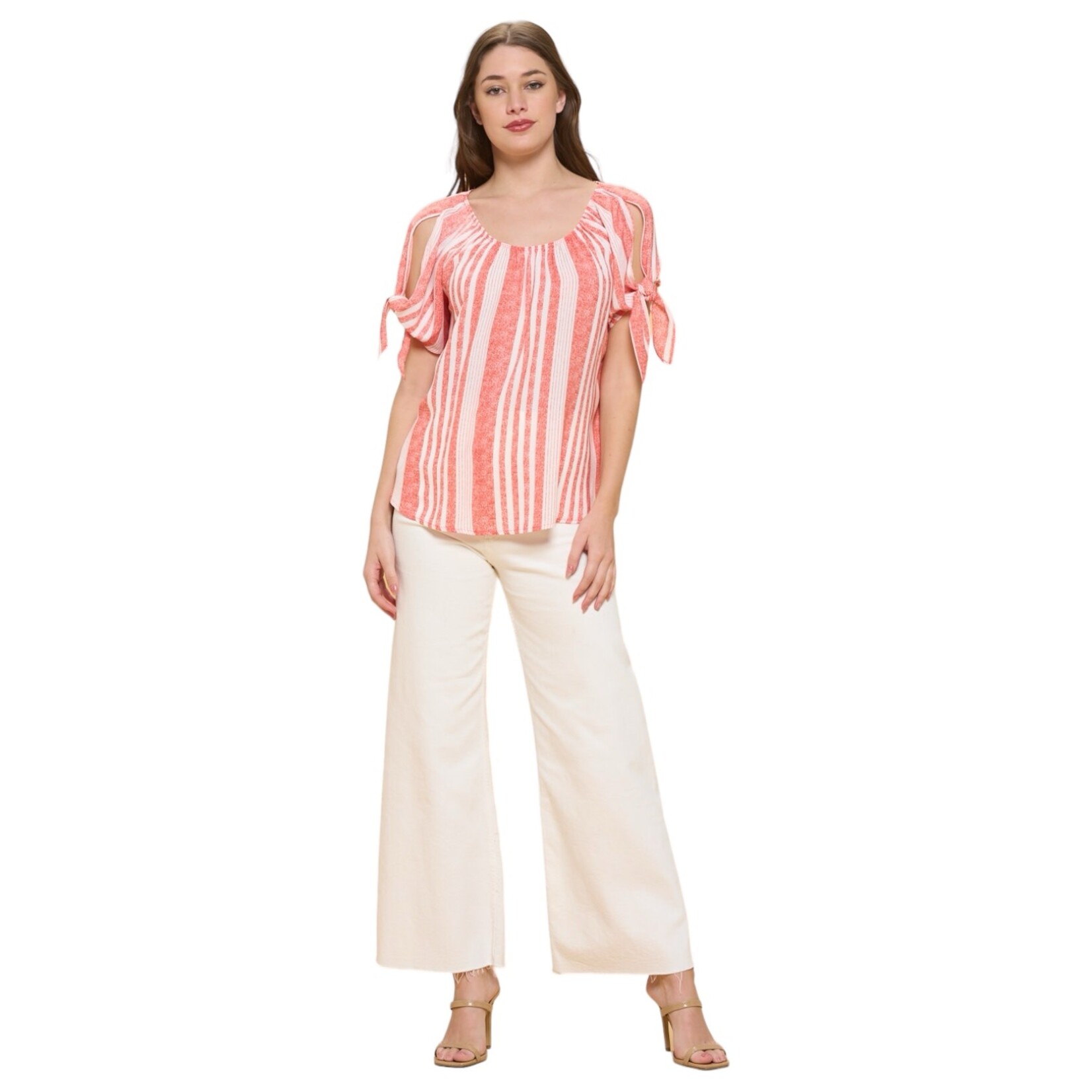 PERSEPTION PERSEPTION SHORT SLEEVE COLD SHOULDER SLIT TIE SCOOP NECK BLOUSE TP-MS-1547